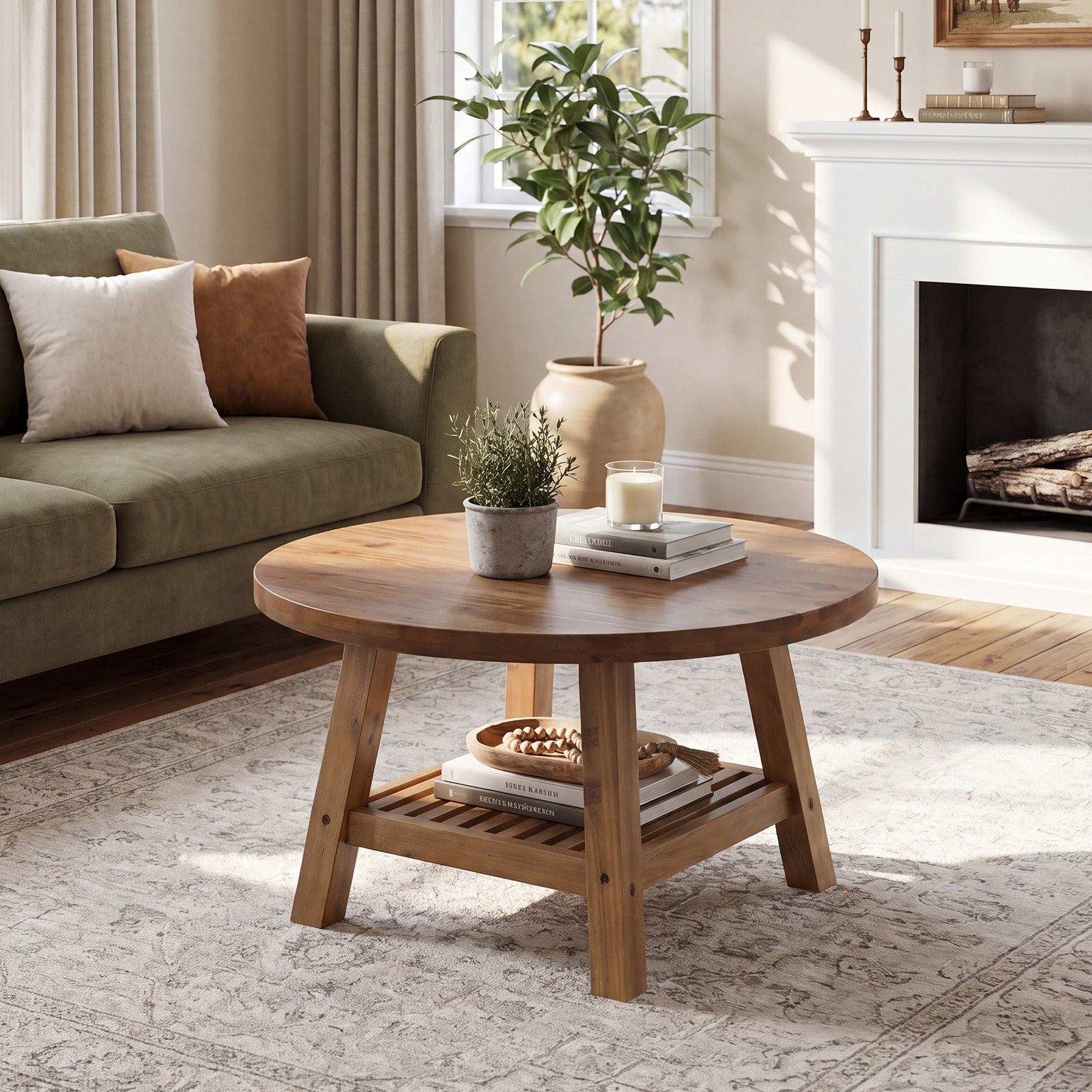 Solid Wood Round Coffee Table, 31.5" Center Table with 2-Tier Storage for Living Room