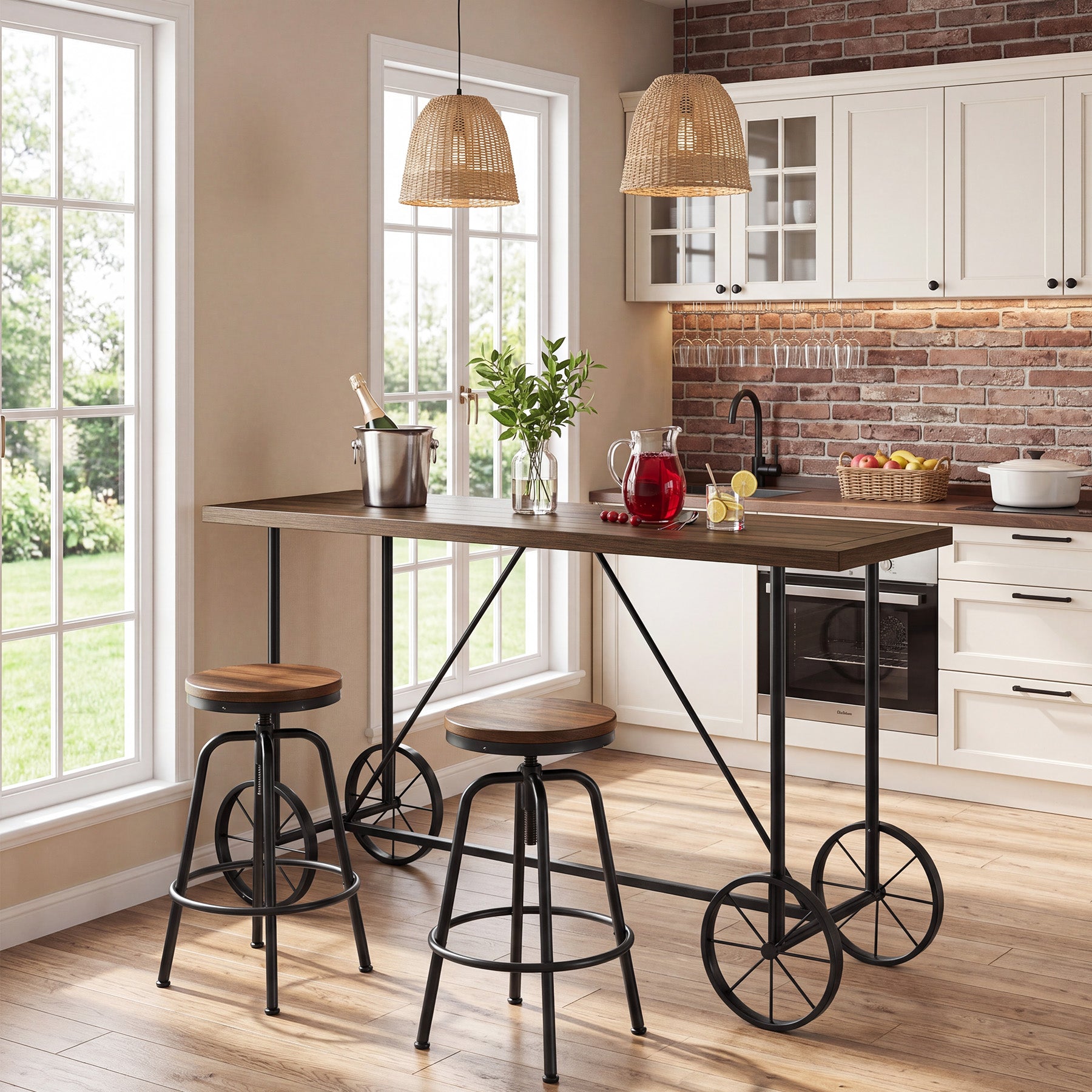 63" Bar Table, Industrial Counter Height Dining Table with Bicycle-Inspired Metal Base