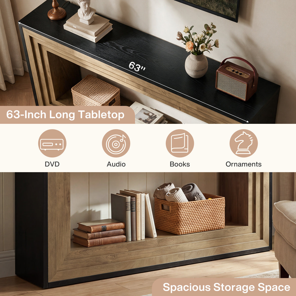63" TV Stand for 65" TV, Entertainment Center with Open Bottom Shelf for Living Room