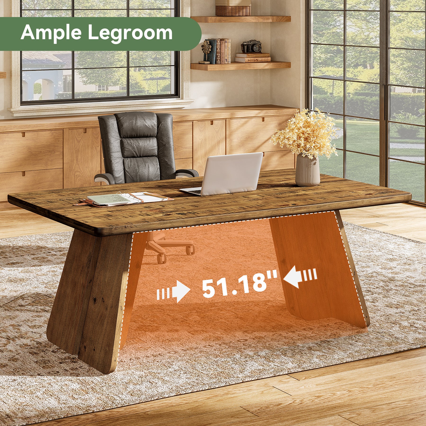 Solid Wood Executive Desk, 63" Office Computer Desk with Sturdy Legs