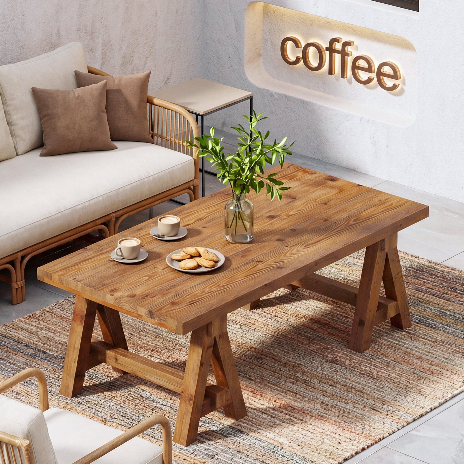 Solid Wood Coffee Table, 47" Farmhouse Center Table with Trestle Base for Living Room