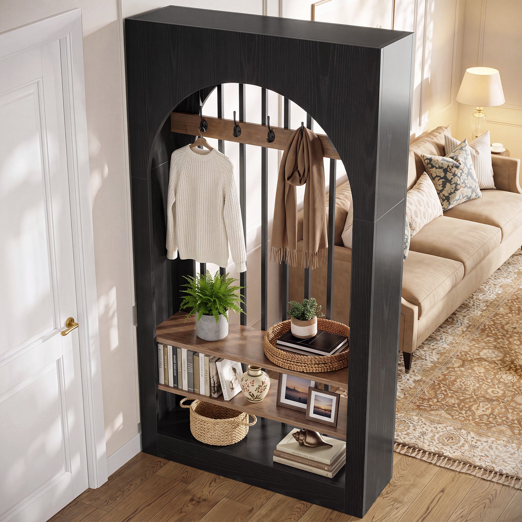 71" Arched Wall Room Divider, Modern Room Partition Privacy Screen with Hooks & Shelves