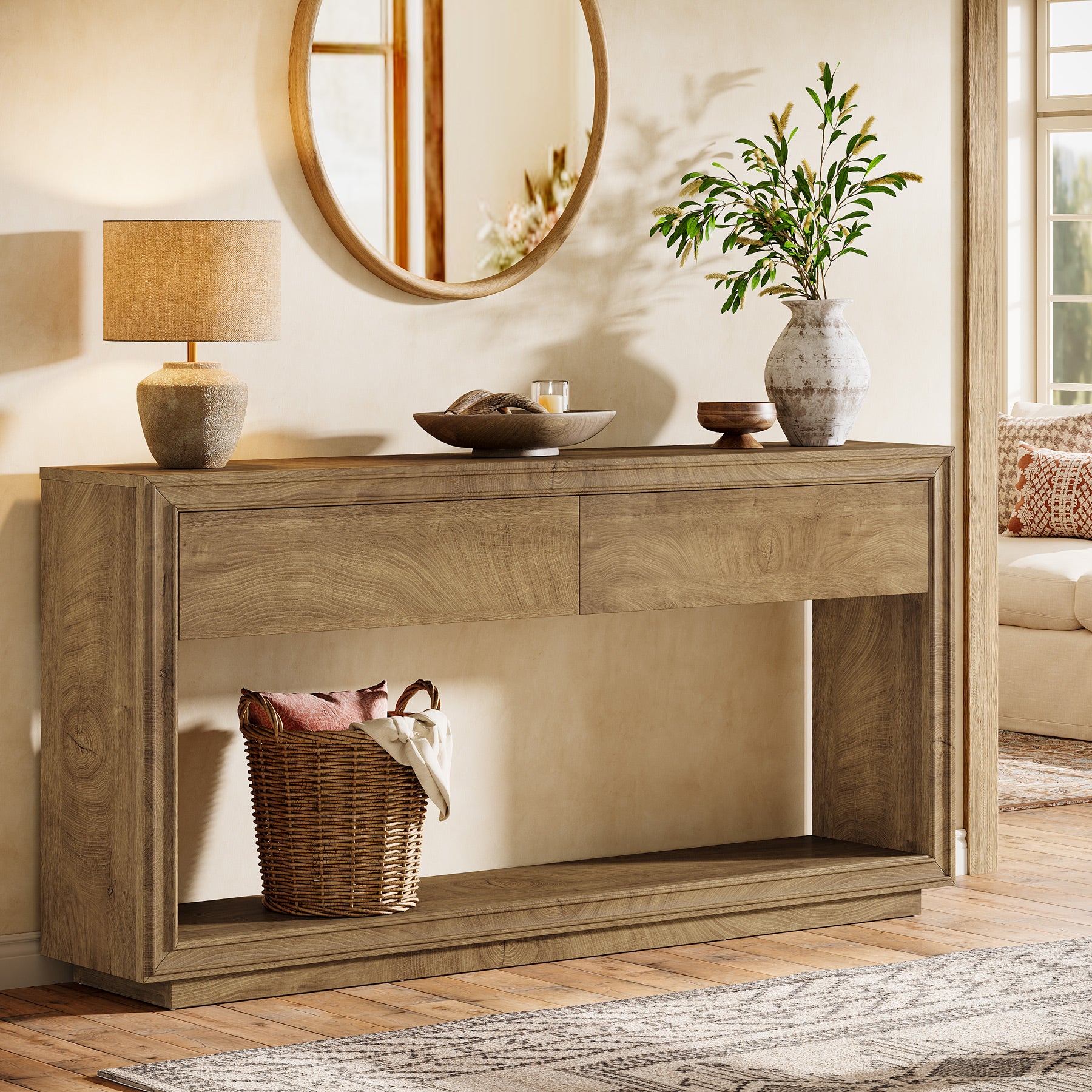 63" Farmhouse Console Table with 2 Drawers and Shelf, Wooden Entryway Sofa Table for Hallway, Foyer, or Behind Couch