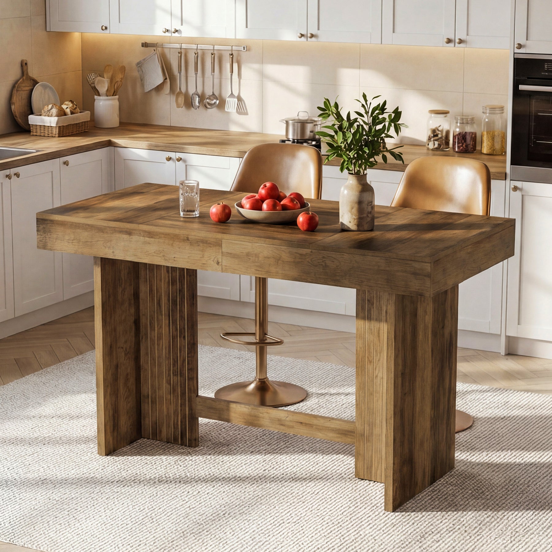 55" Kitchen Island, Farmhouse Stationary Table with Large Worktop