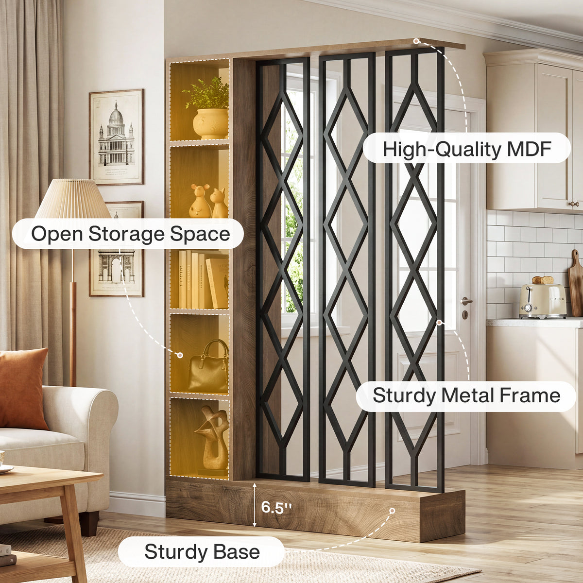 70.87" Tall Wall Room Divider, Freestanding Wall Partition with 5-Tier Storage Shelves