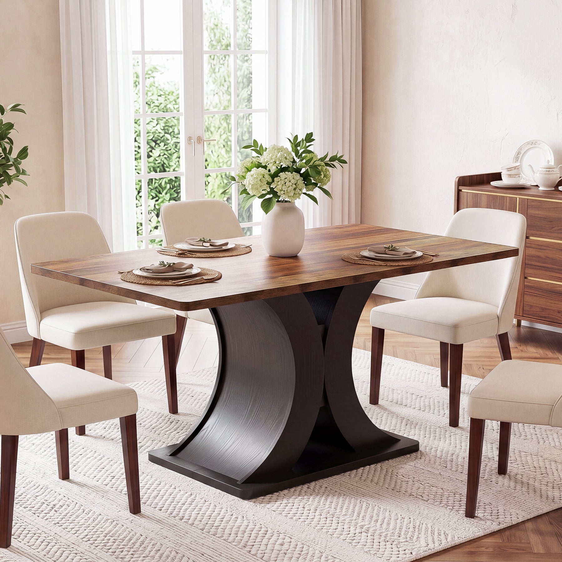 55-Inch Dining Table for 4-6, Farmhouse Wooden Table with Pedestal Base for Kitchen Dining Room