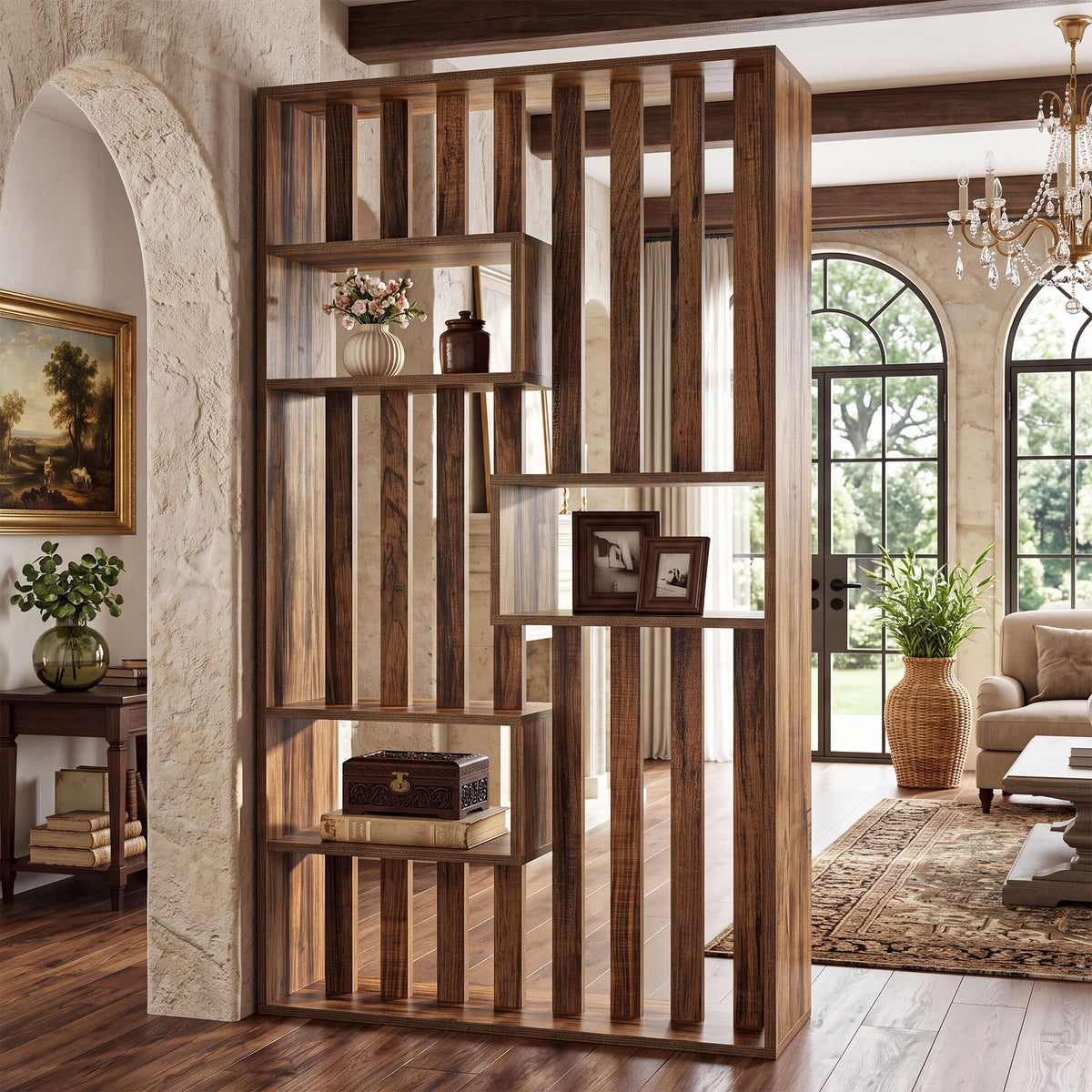 71" Wall Room Divider with Built-in Shelves for Room Separation, Freestanding Slatted Partition
