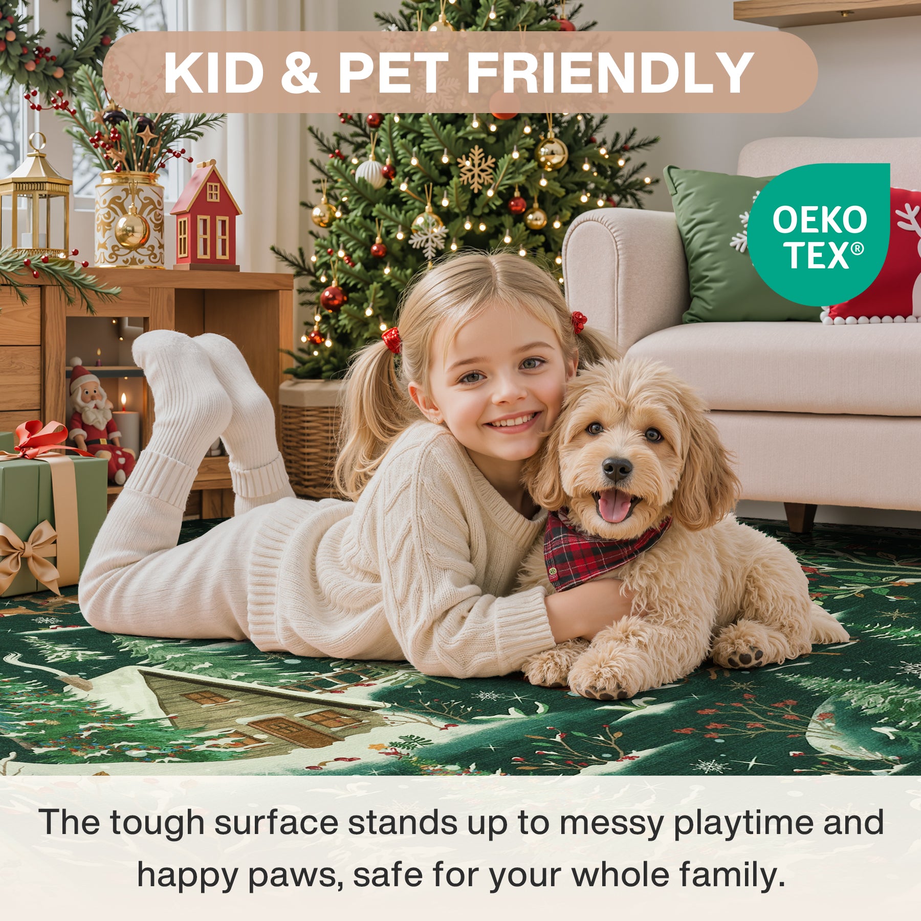 Christmas Snow Forest Washable Area Rug, Soft Holiday Scene Non-Slip Indoor Rug for Living Room Bedroom, Oeko-Tex Certified