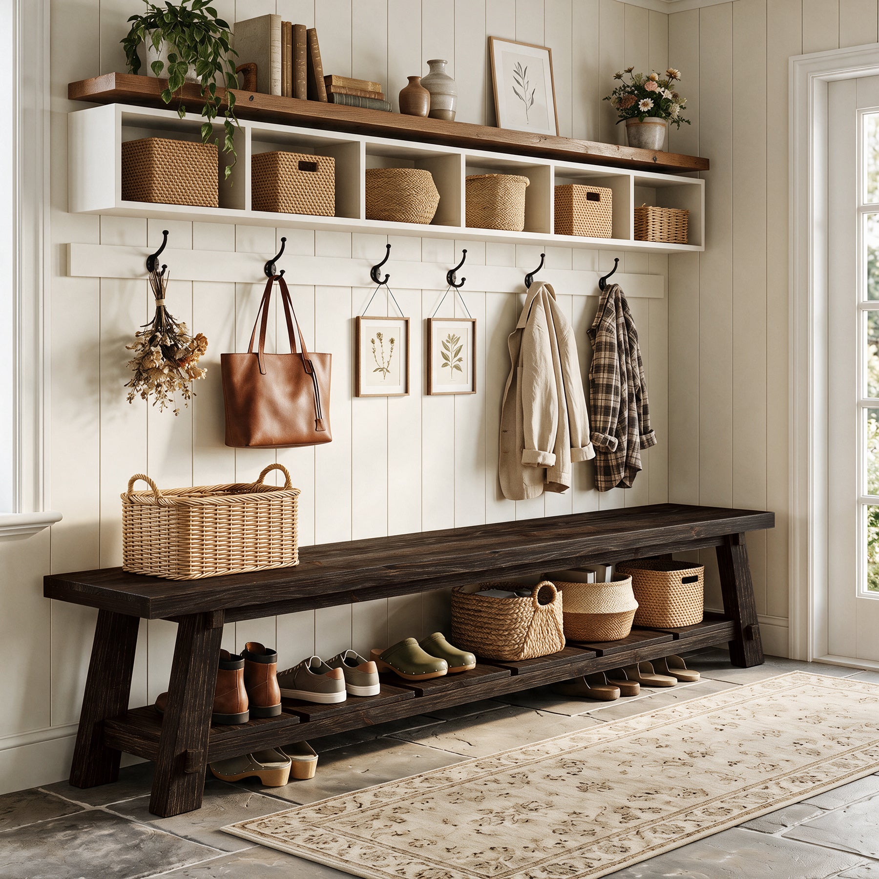 71" Solid Wood Entryway Bench, Rustic Extra Long Hallway Seating with Shoe Storage for Living Room and Bedroom