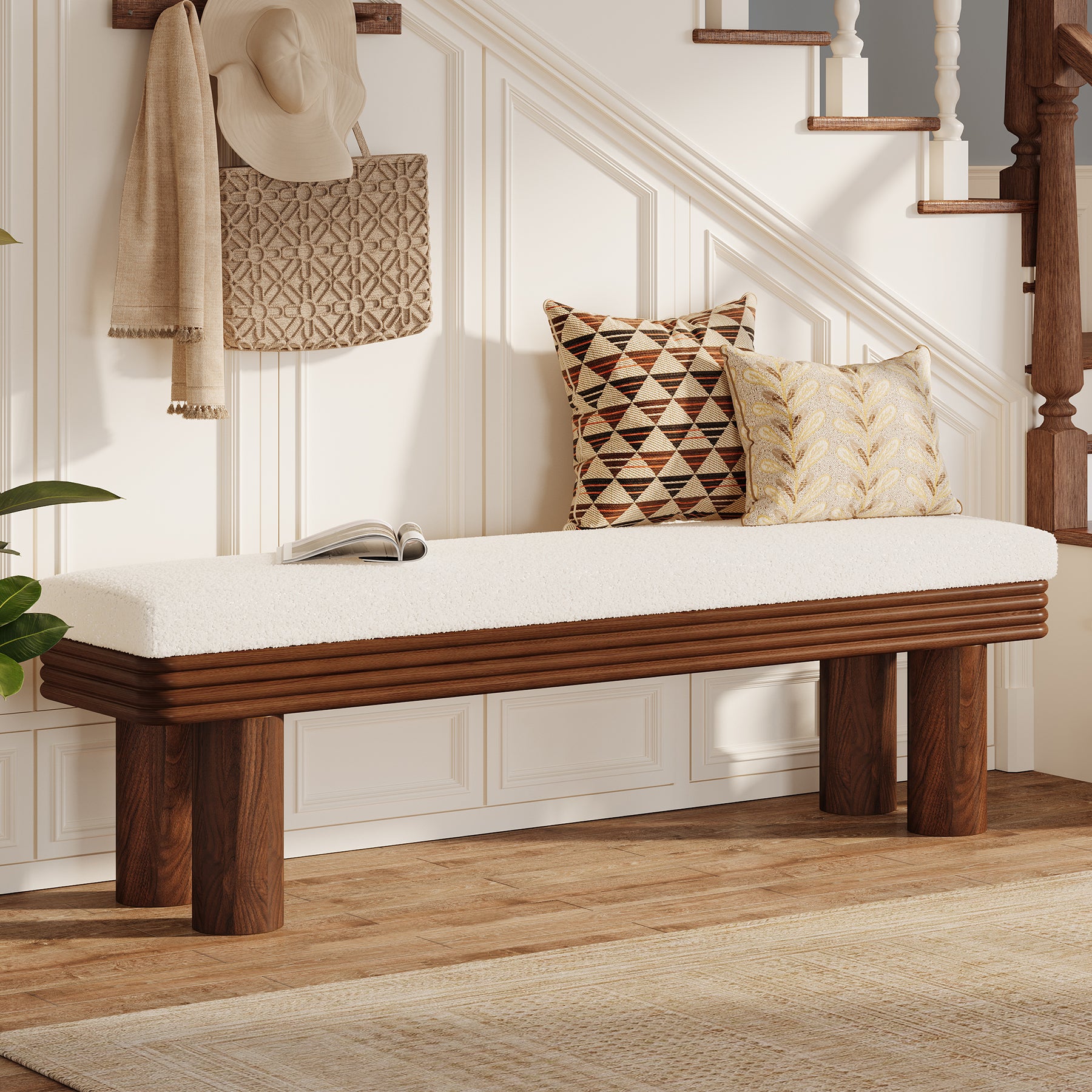 55" Upholstered Entryway Bench, Modern Shoe Bench with Faux Shearling Padded Seat