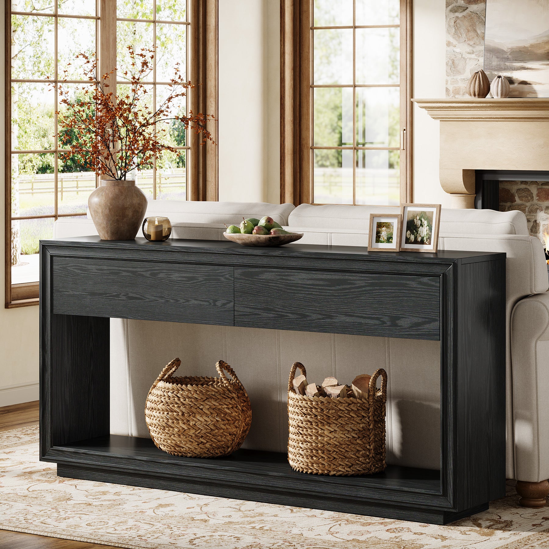 63" Farmhouse Console Table with 2 Drawers and Shelf, Wooden Entryway Sofa Table for Hallway, Foyer, or Behind Couch