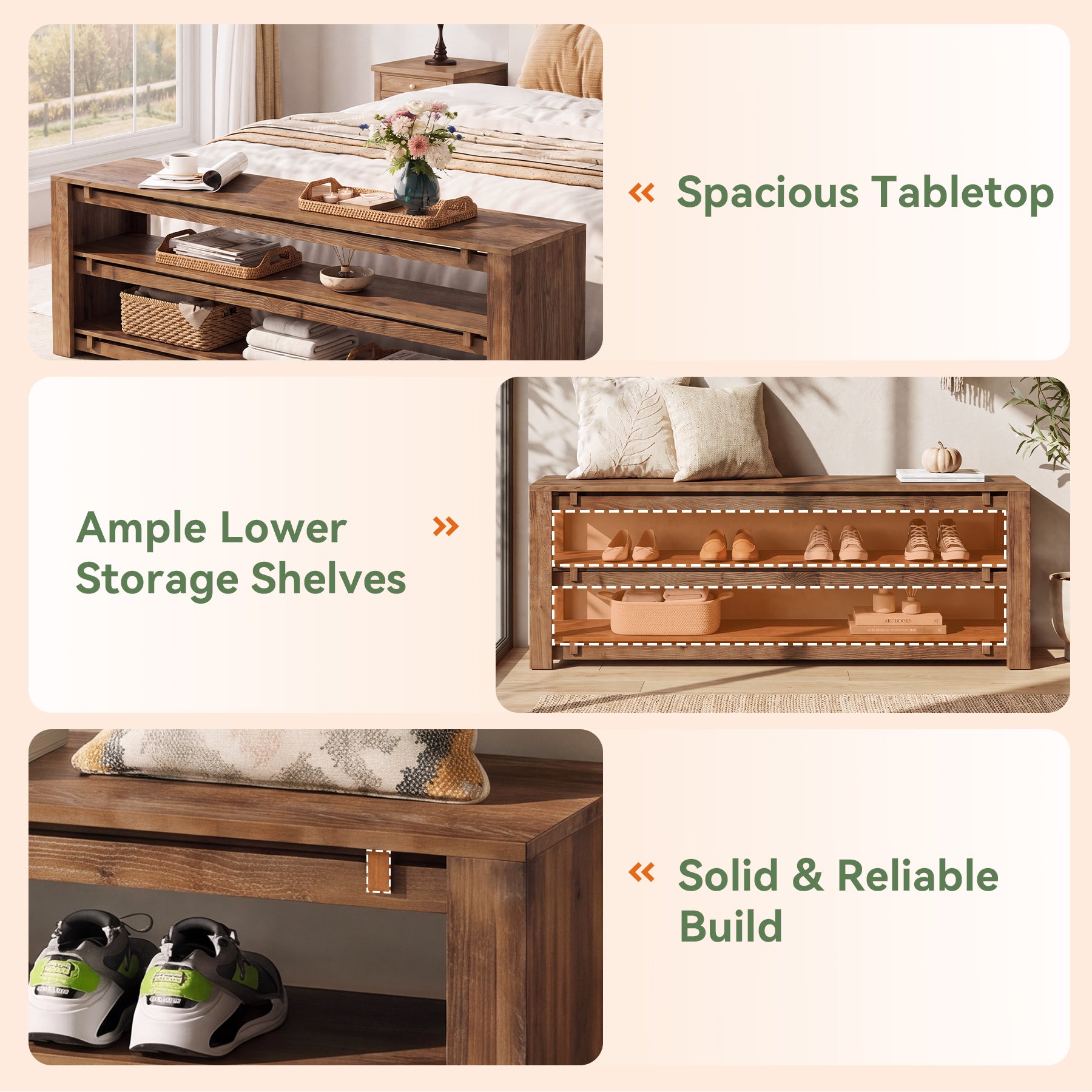 63" Solid Wood Entryway Bench with Storage, 3-Tier Shoe Bench for Hallway, Bedroom