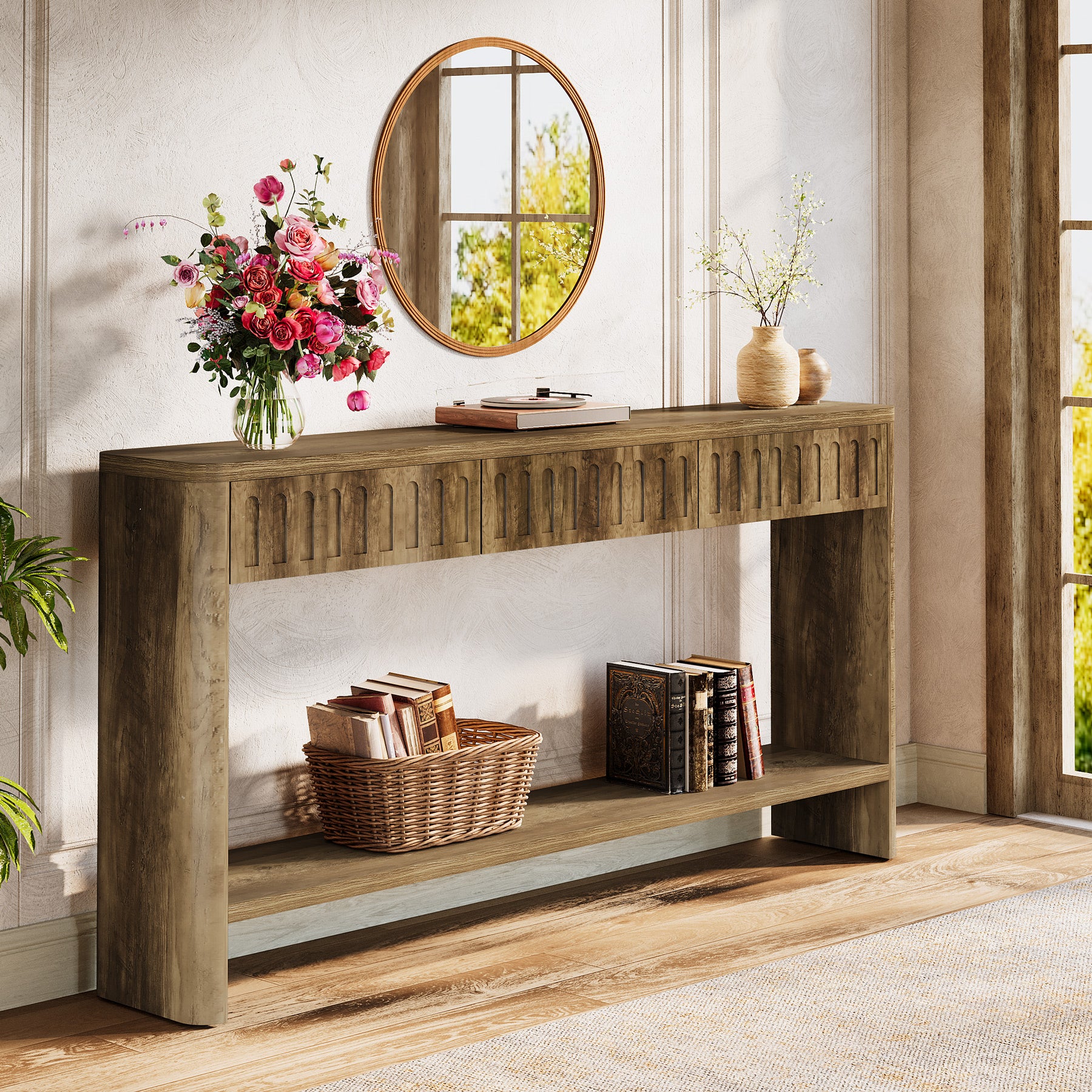 63" Rustic Fluted Console Table, Wood Entryway Table  with 3 Drawers for Living Room