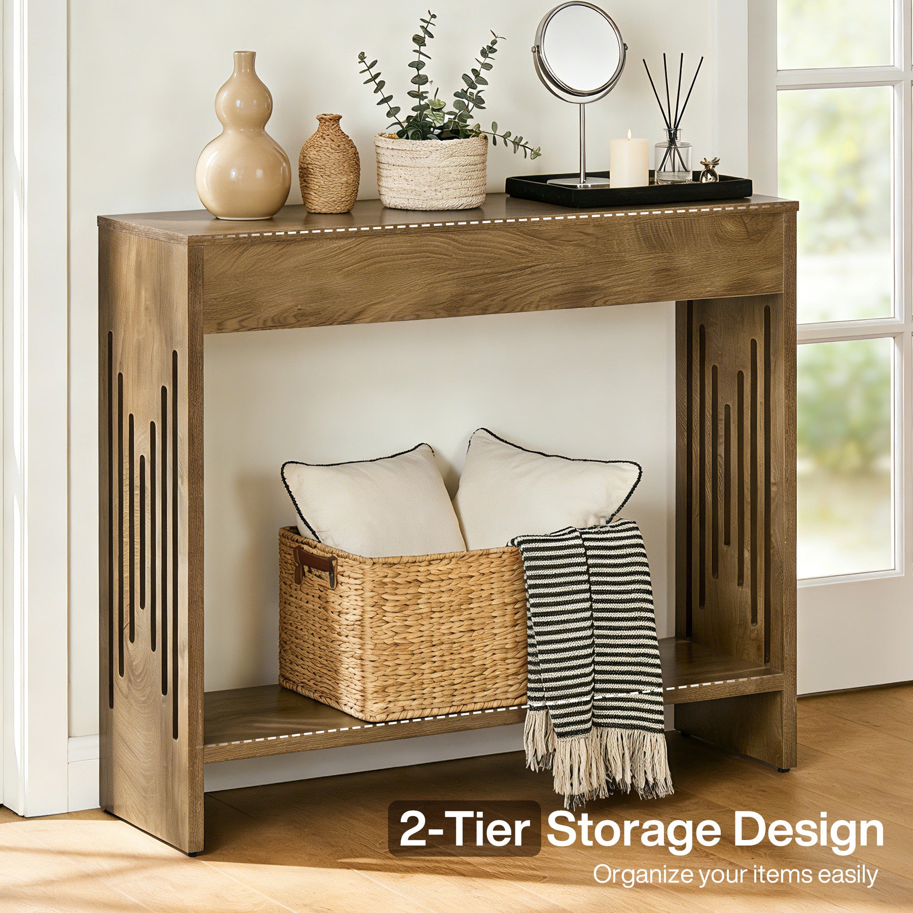 41.3" Farmhouse Console Table with 2-Tier Shelf, Narrow Sofa Table with Fluted Legs for Entryway or Behind Couch