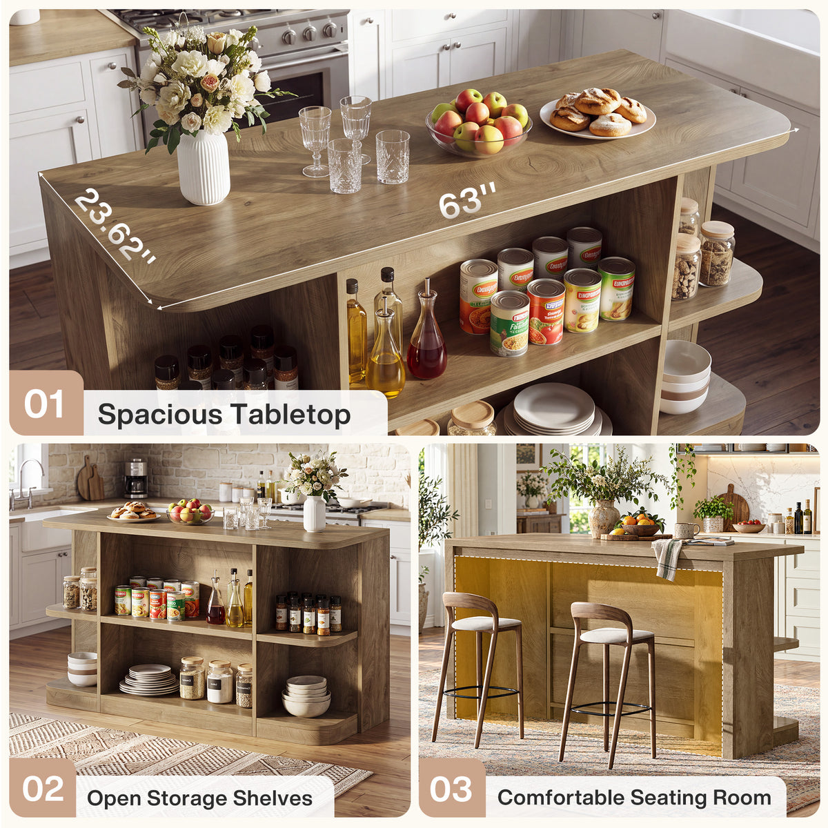 63" Kitchen Island with Storage Shelves & Seating Space, Stationary Island Table