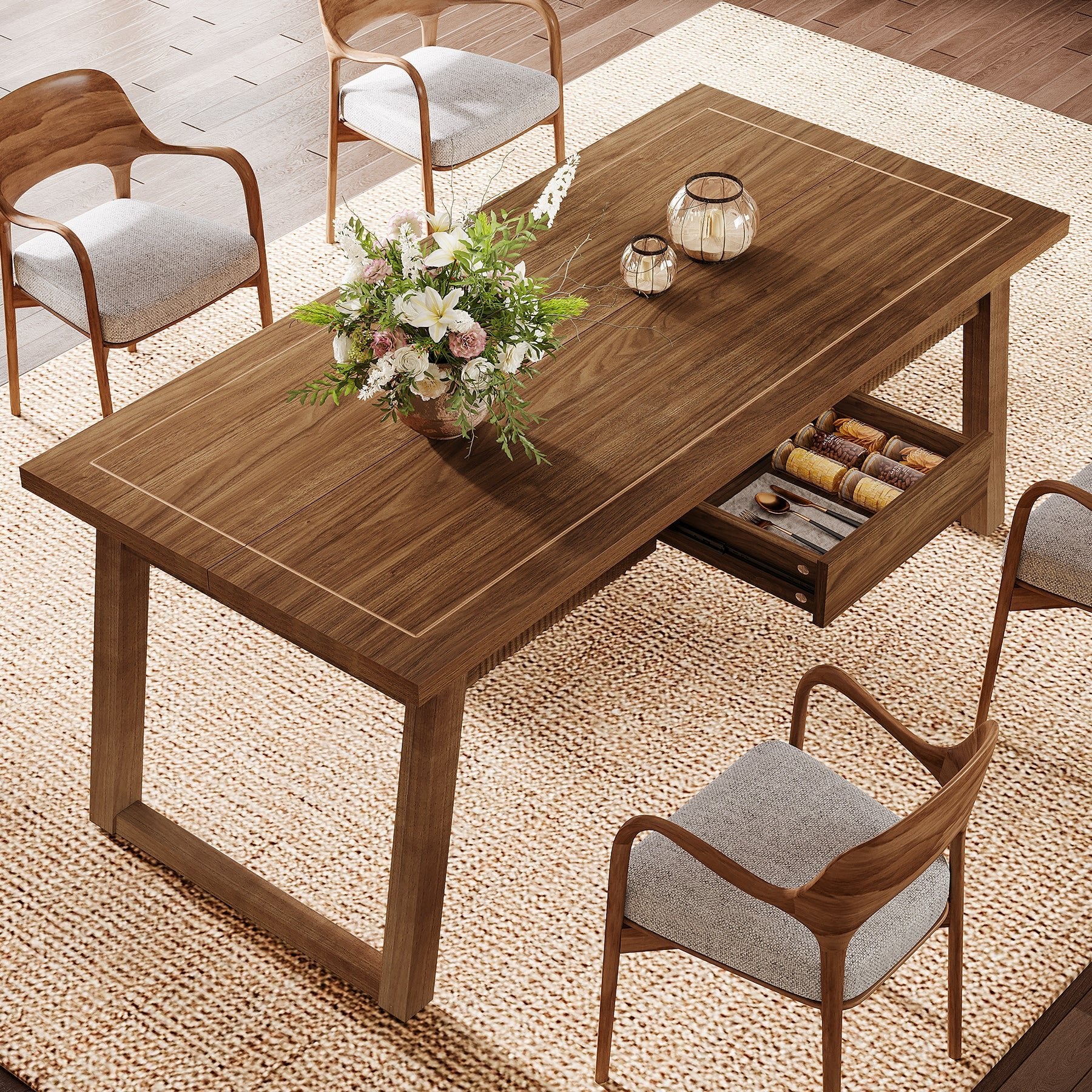 55" Rectangular Dining Table with Drawer & Solid Wood Legs