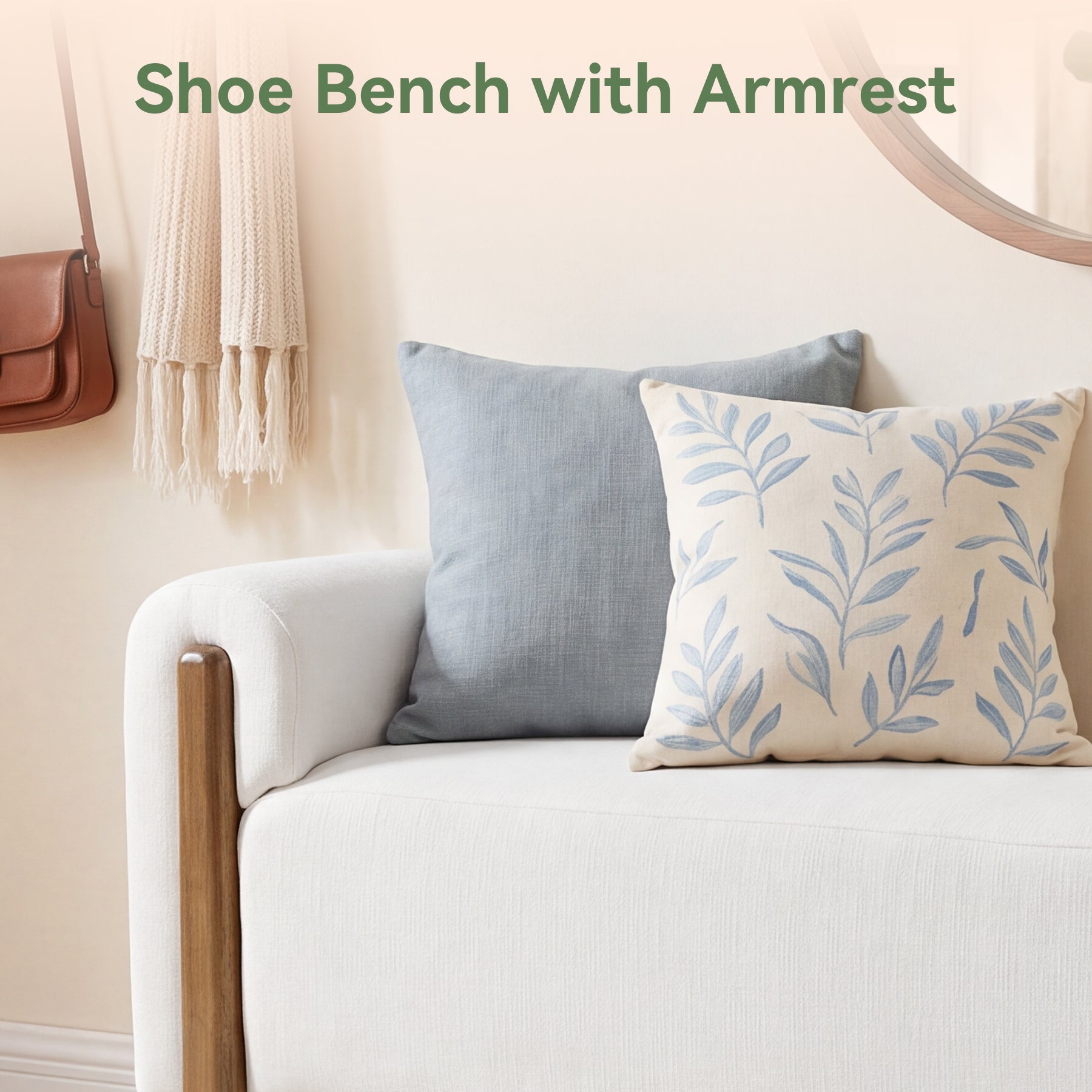 55" Upholstered Entryway Bench with Arms, Modern Cushion Seat, Solid Wood Base, Living Room