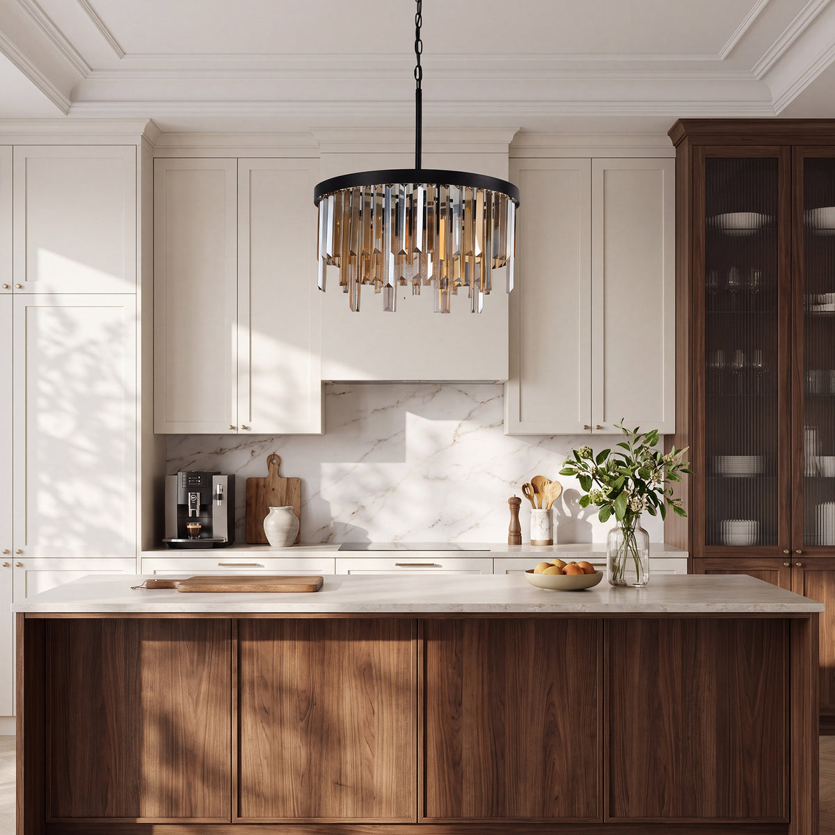 20" Modern Crystal Chandelier, 6-Light Black Pendant Light with Amber Crystal