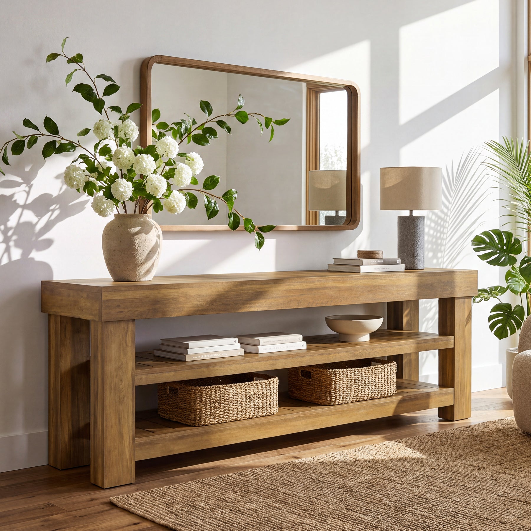 71" Extra Long Console Table with 2 Shelves, Narrow Rustic Farmhouse Sofa Table, Entryway