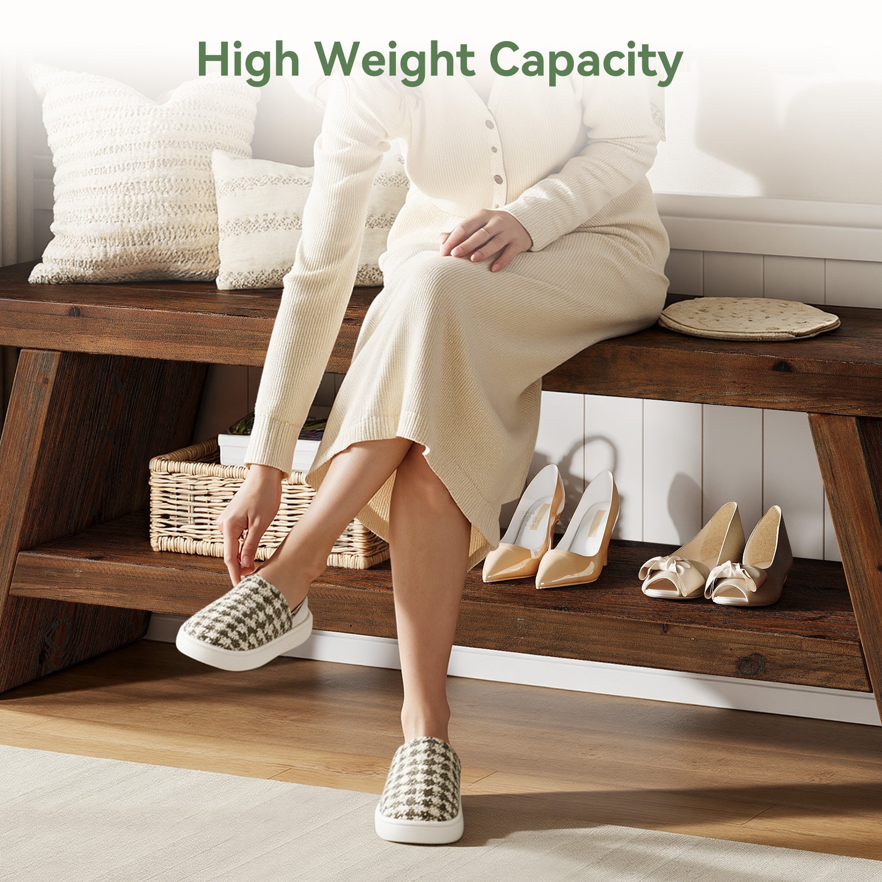 2-Tier Solid Wood Entryway Bench with Open Storage, Wooden Shoe Bench for Hallway & Foyer