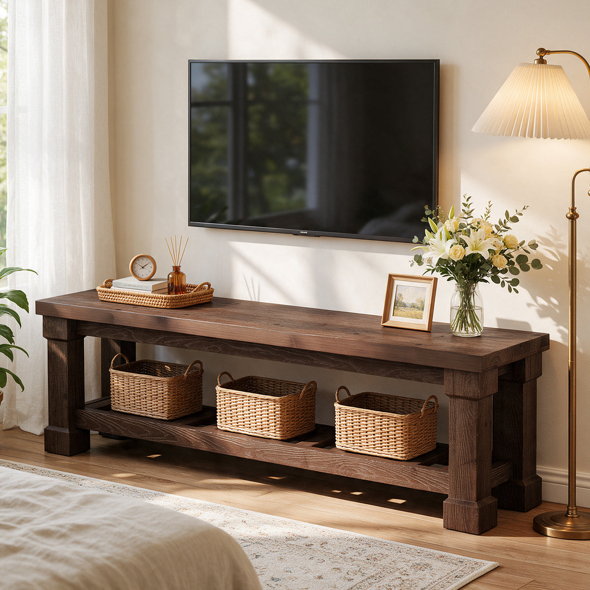 59" Solid Wood TV Stand for TVs Up to 65", Farmhouse TV Console Table with Storage