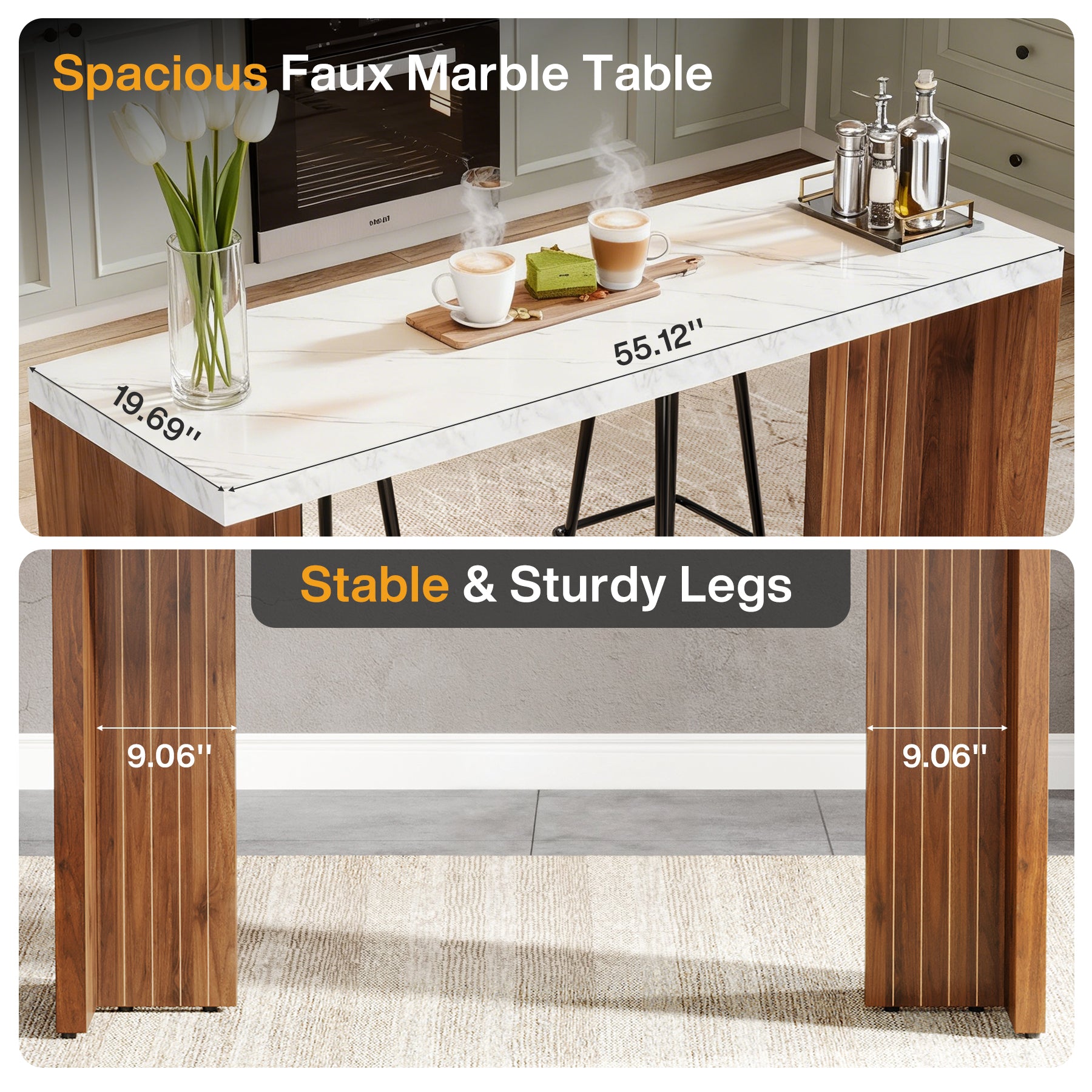 55" Counter Height Bar Unit with Faux Marble Top, Rectangular Home Pub Table