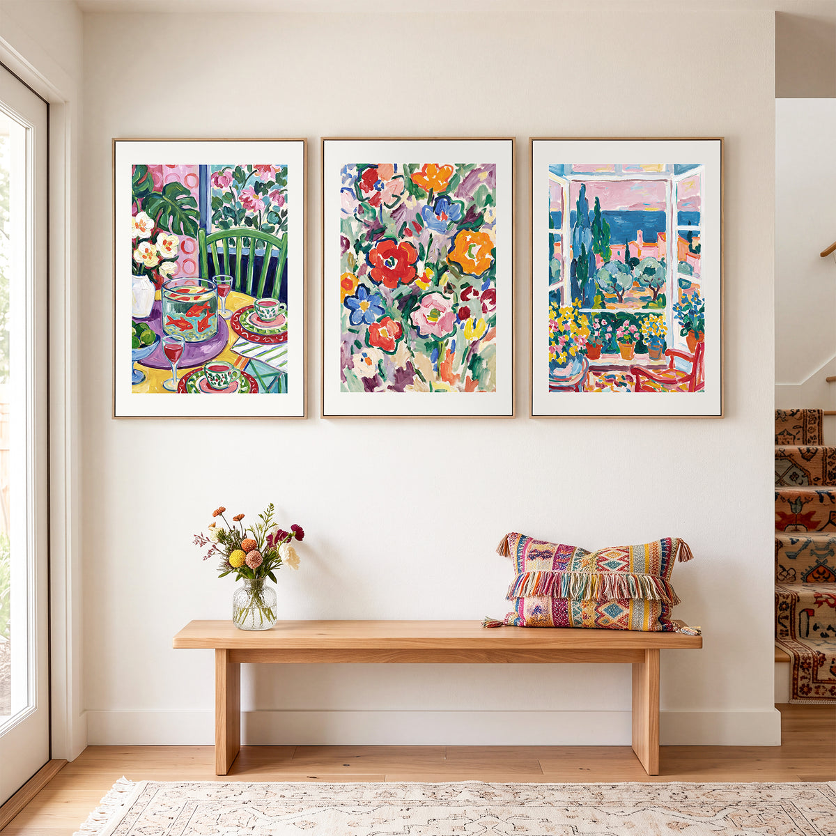 3 Piece Hand-Painted Oil Painting Style Canvas Wall Art Set,24x36 Inch Colorful Floral and Mediterranean Coastal Prints