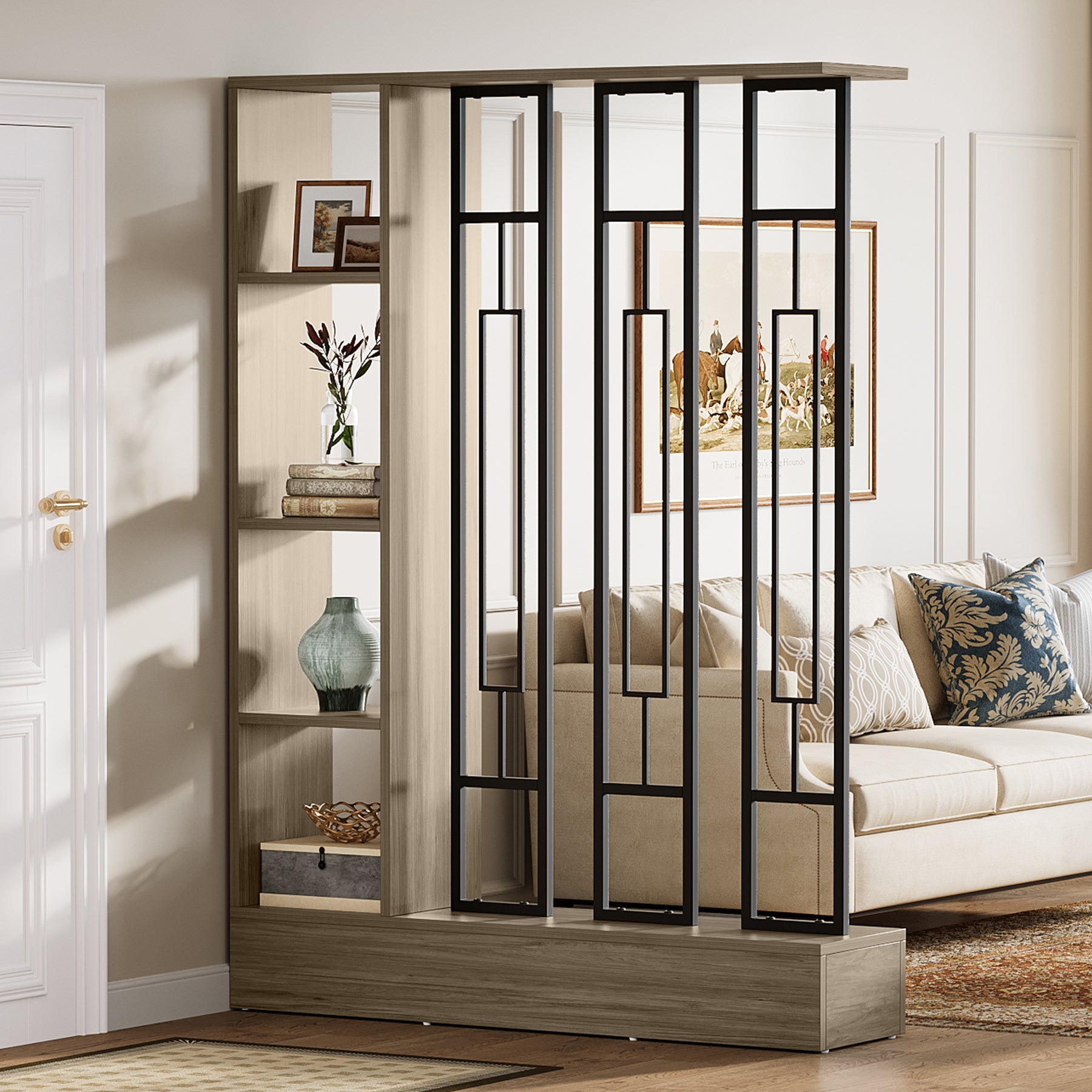 70.9" Wall Room Divider, Freestanding Wall Partition with Display Shelves