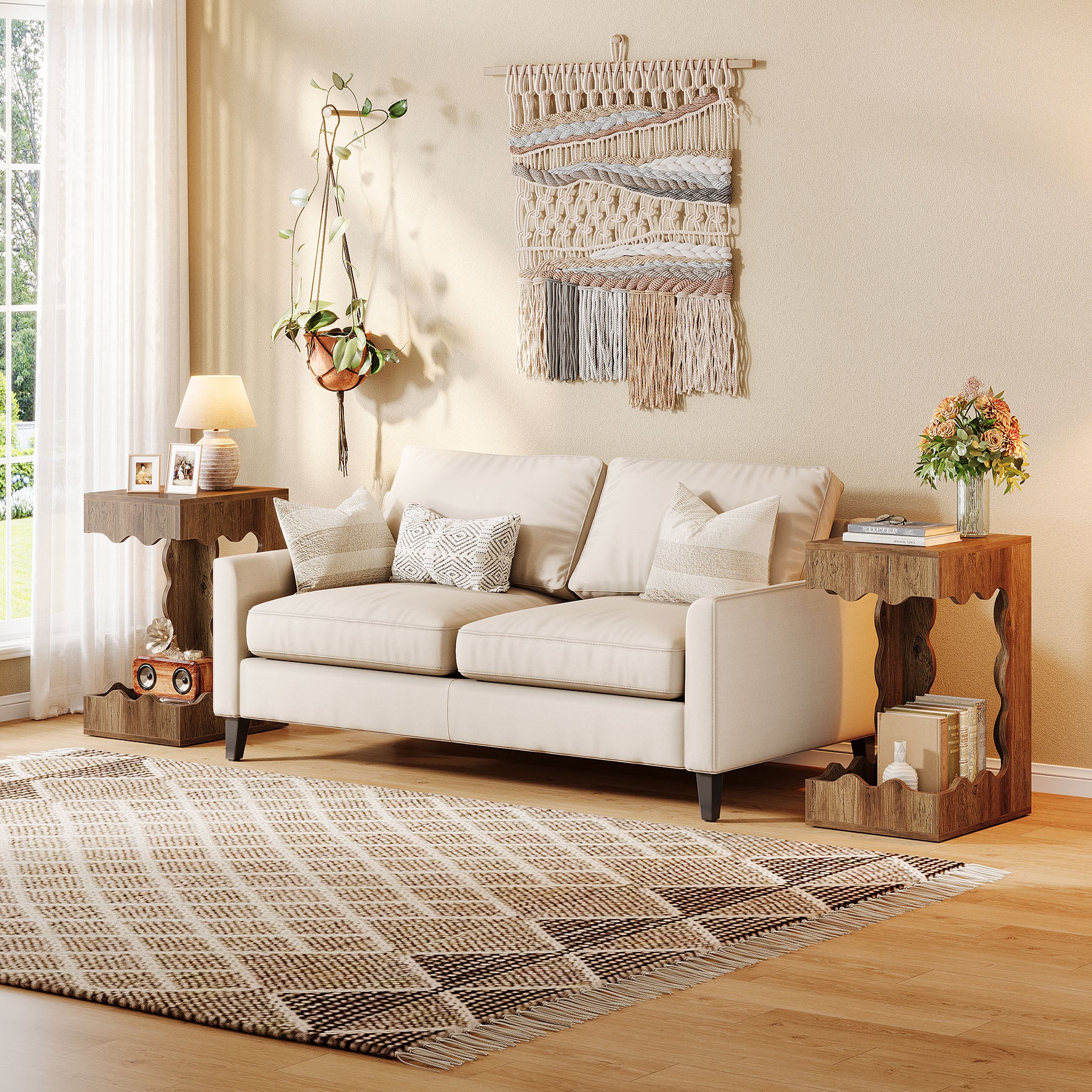 C-Shaped End Table, 2-Tier Side Table Farmhouse Nightstand