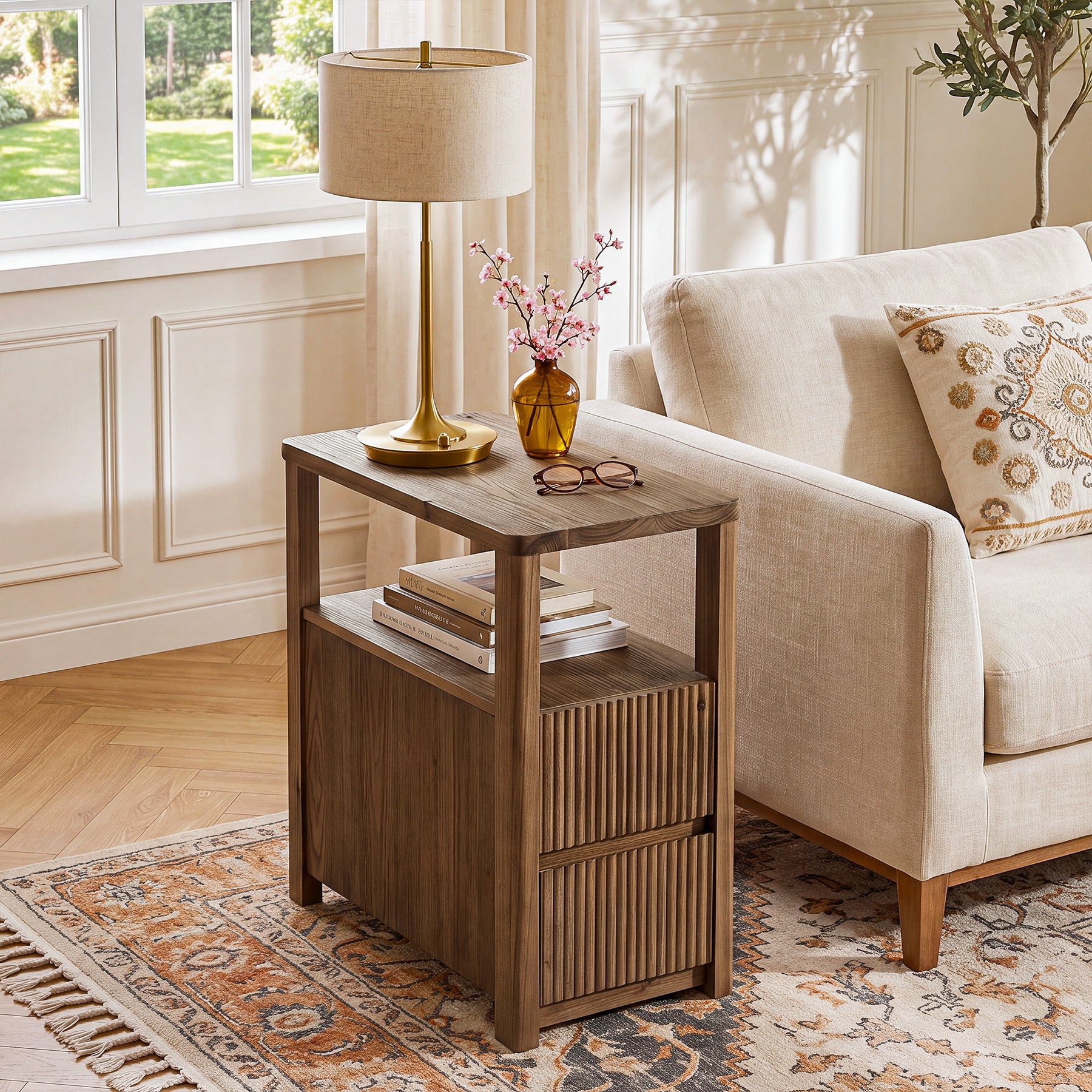 Solid Wood End Table with 2 Drawers, Narrow Side Table Nightstand for Living Room, Bedroom