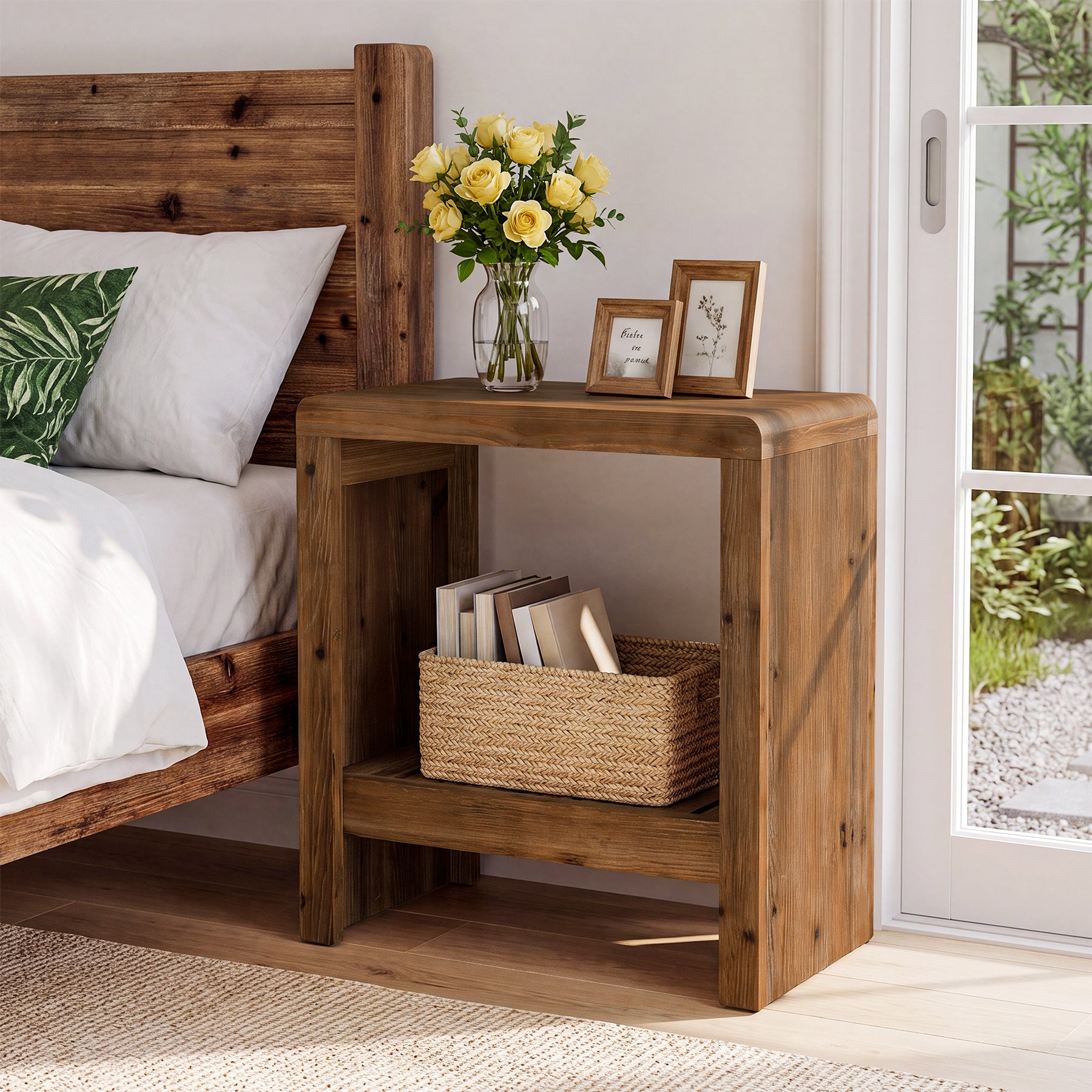 23.6" Solid Wood End Table, Narrow Sofa Side Table with Slatted Shelf