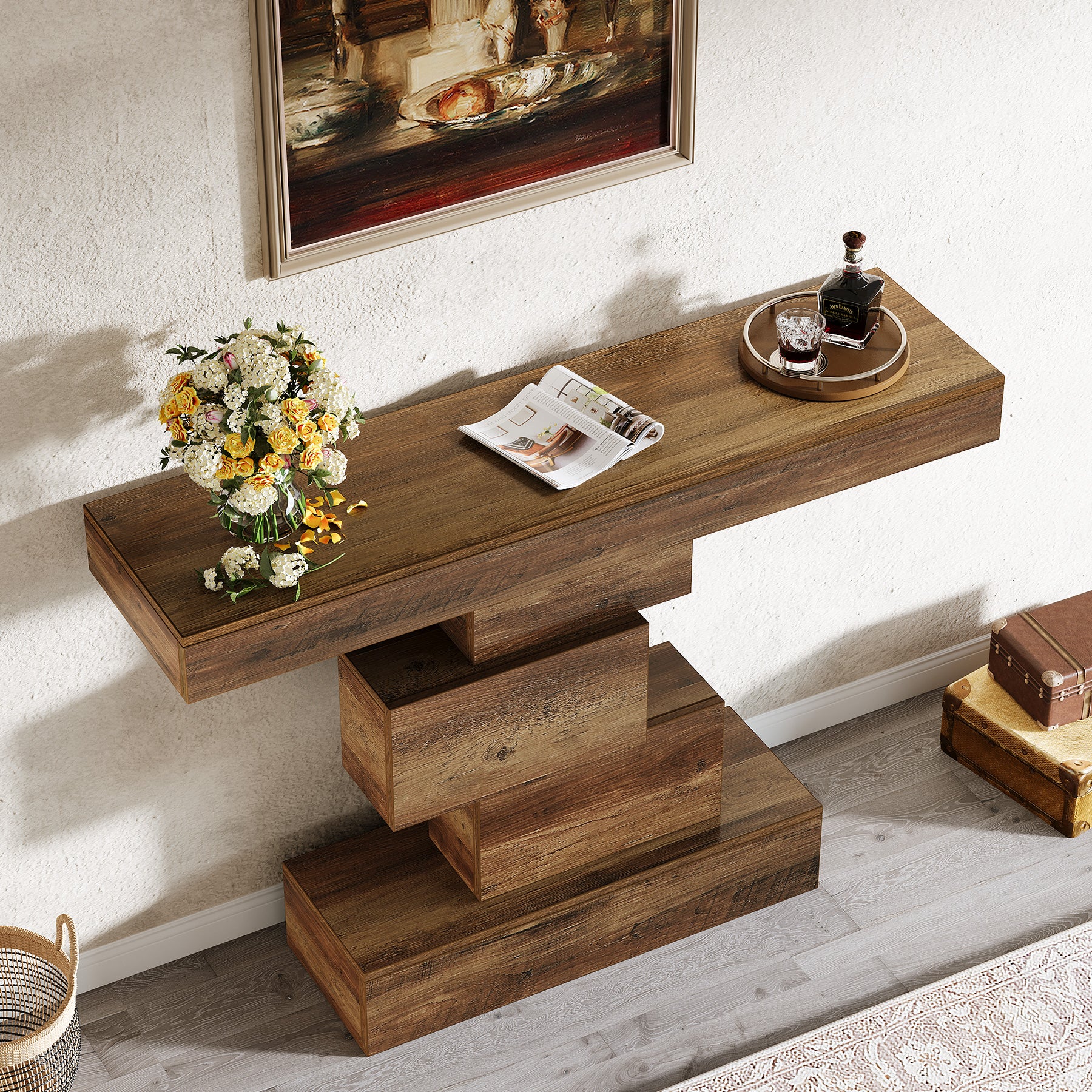 42.5" Rustic Brown Farmhouse Console, Industrial Geometric Sofa Table for Hallway Entrance