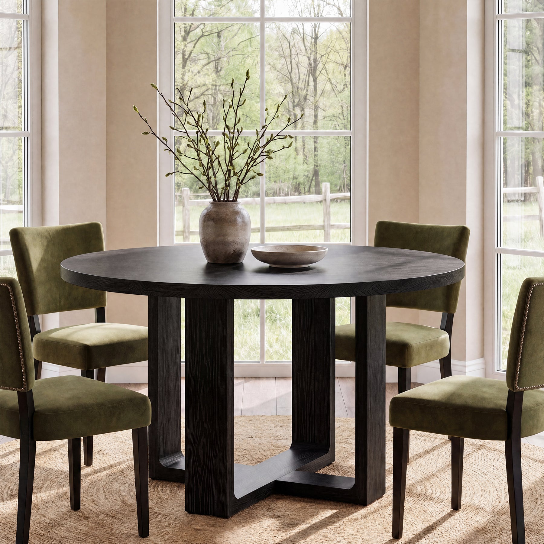 47.24" Round Solid Wood Dining Table, Black Kitchen Table for 4–6 with Cross-Shaped Base