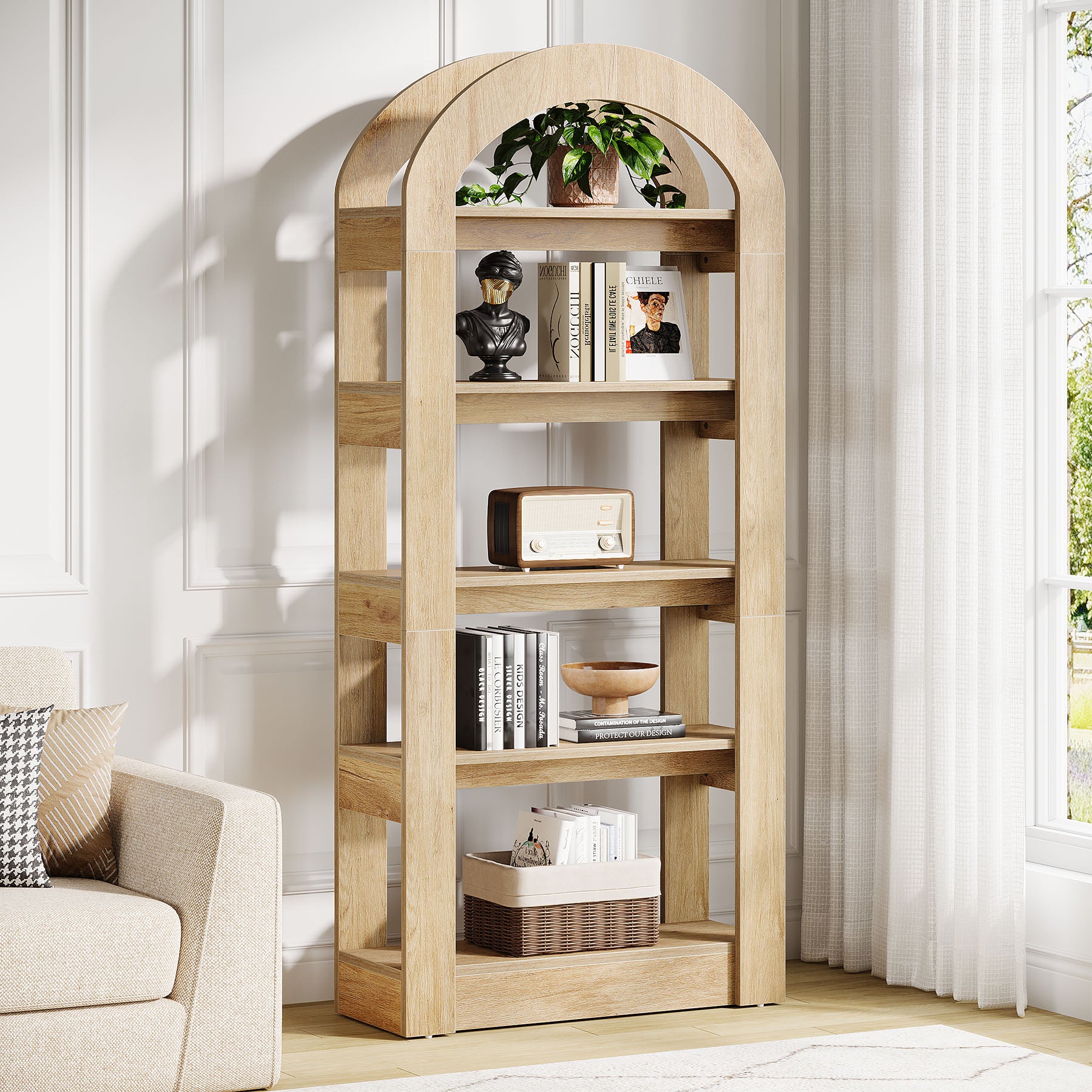 5-Tier Wooden Bookshelf with Arched Top - Thumbnail 4