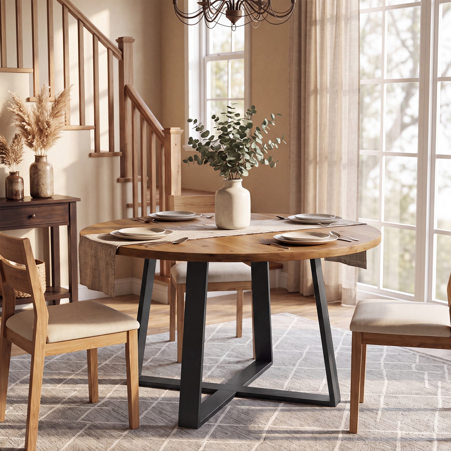 47" Solid Wood Dining Table, Farmhouse Round Kitchen Table for 4-6 People