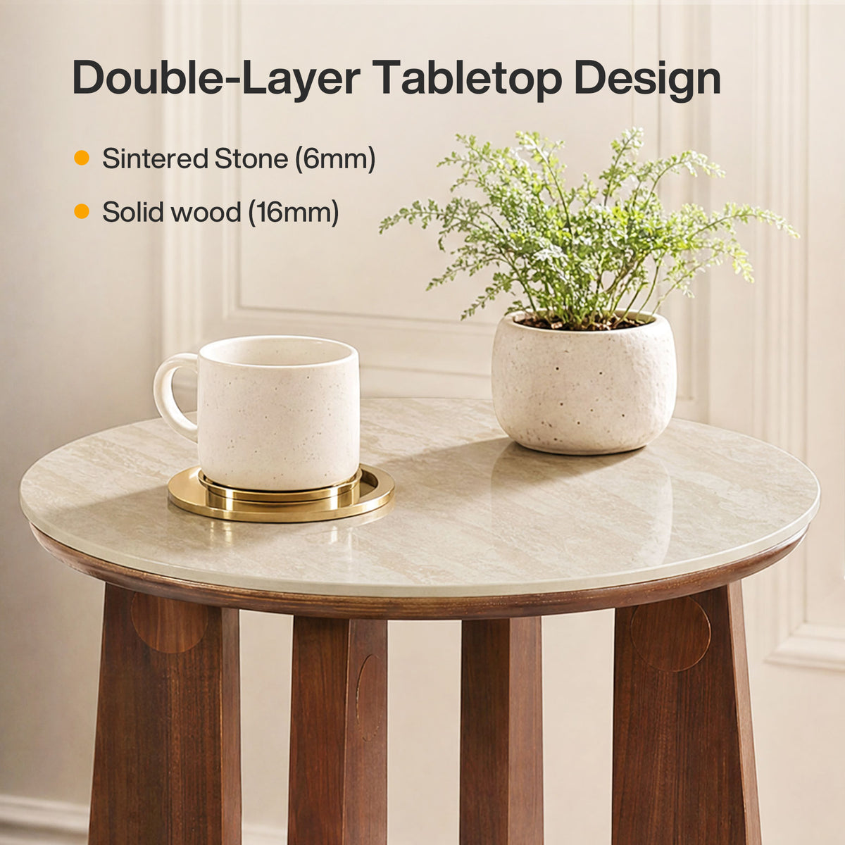 Round Sintered Stone Nightstand with Solid Wood Base, Mid-Century Modern Bedside Table