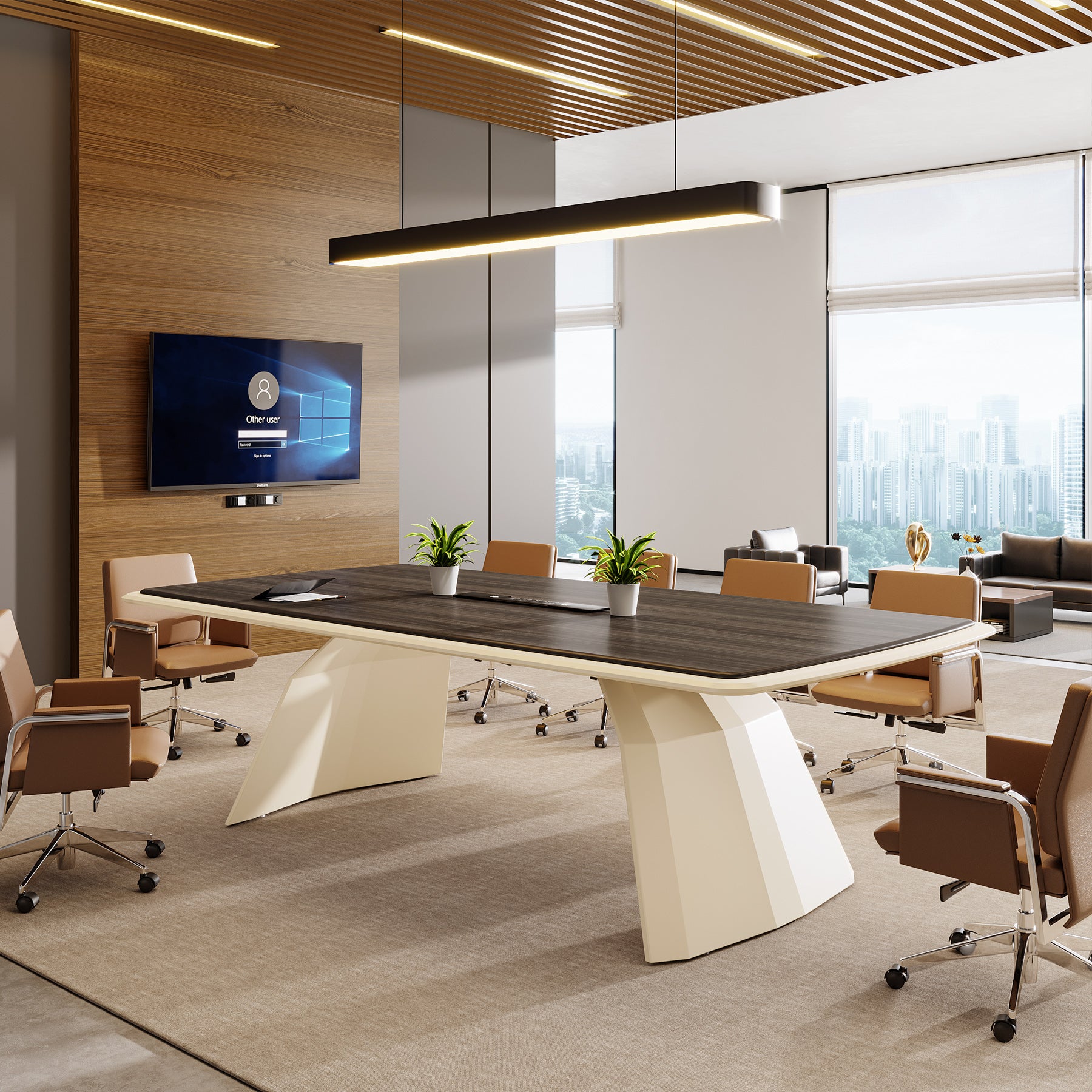 94.4" Luxury Executive Desk With Stainless Steel Base & Power Strip