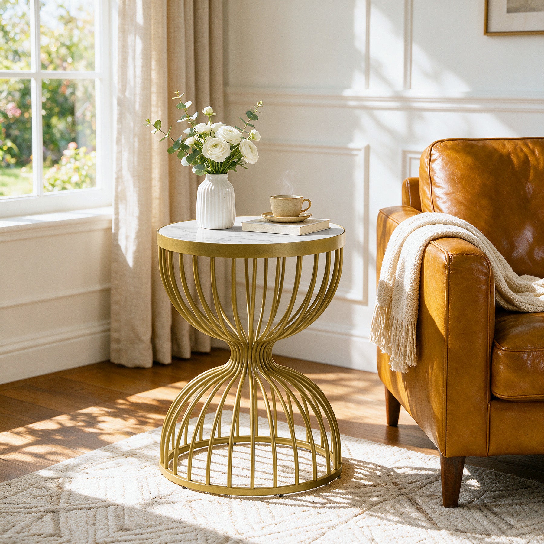 Hourglass Round End Table, Modern Accent Side Table with Faux Marble Top & Metal Frame