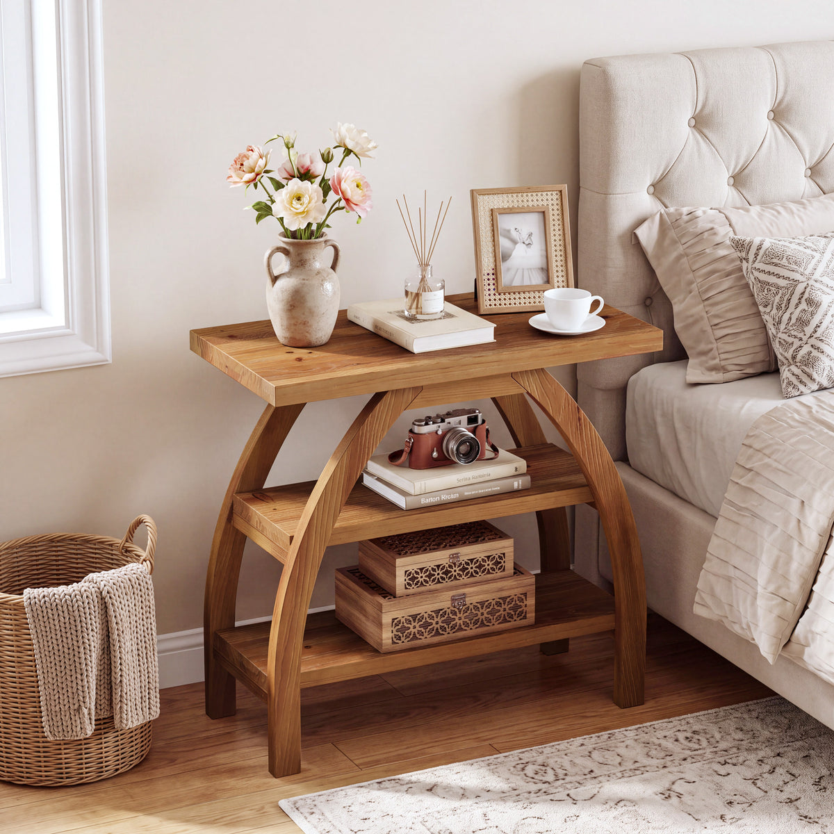 23.6" Solid Wood Nightstand with 3-Tier Shelf, Narrow Bedside Table with Arched Legs