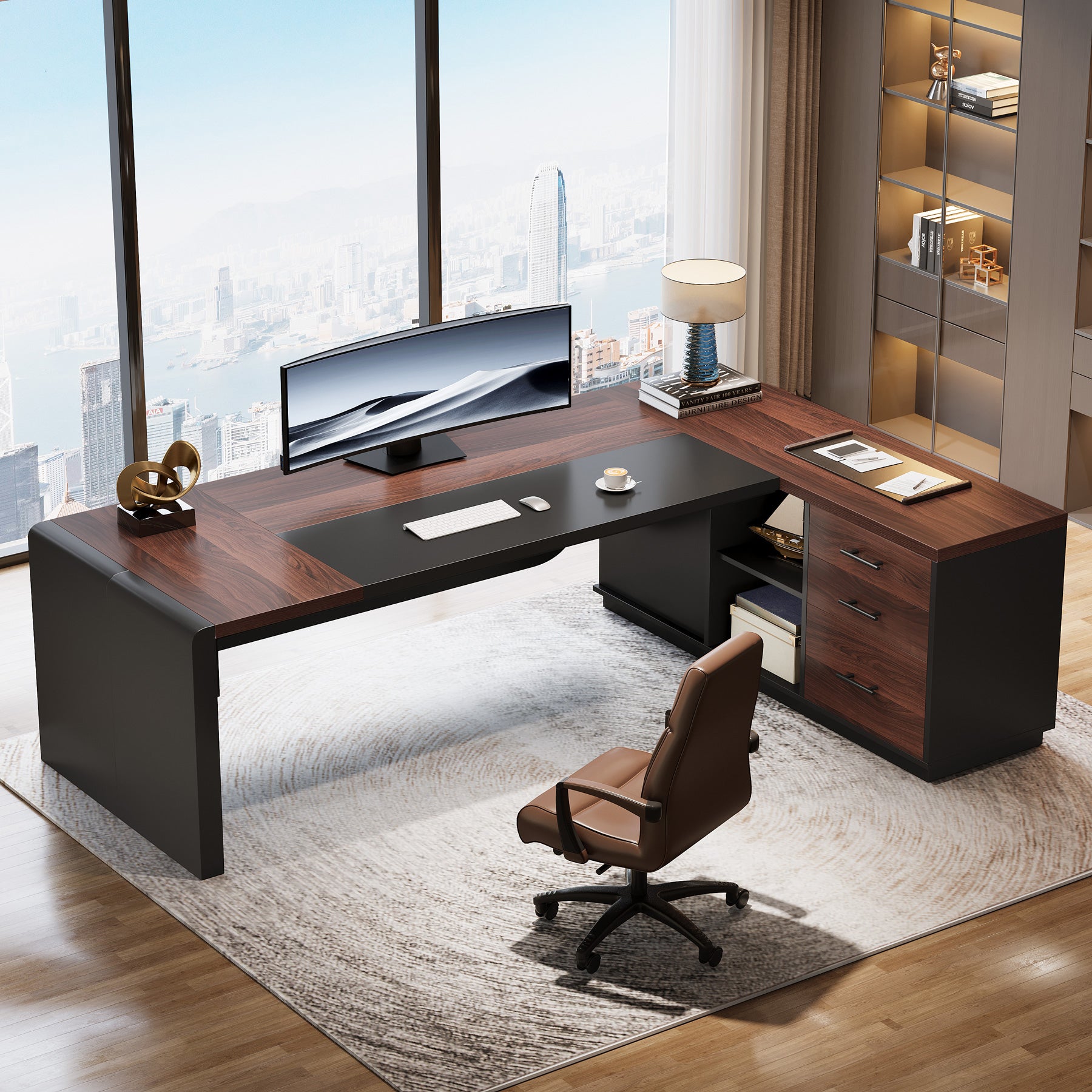 Large 80" L-Shaped Computer Desk with Storage Drawers, Executive Office Workstation