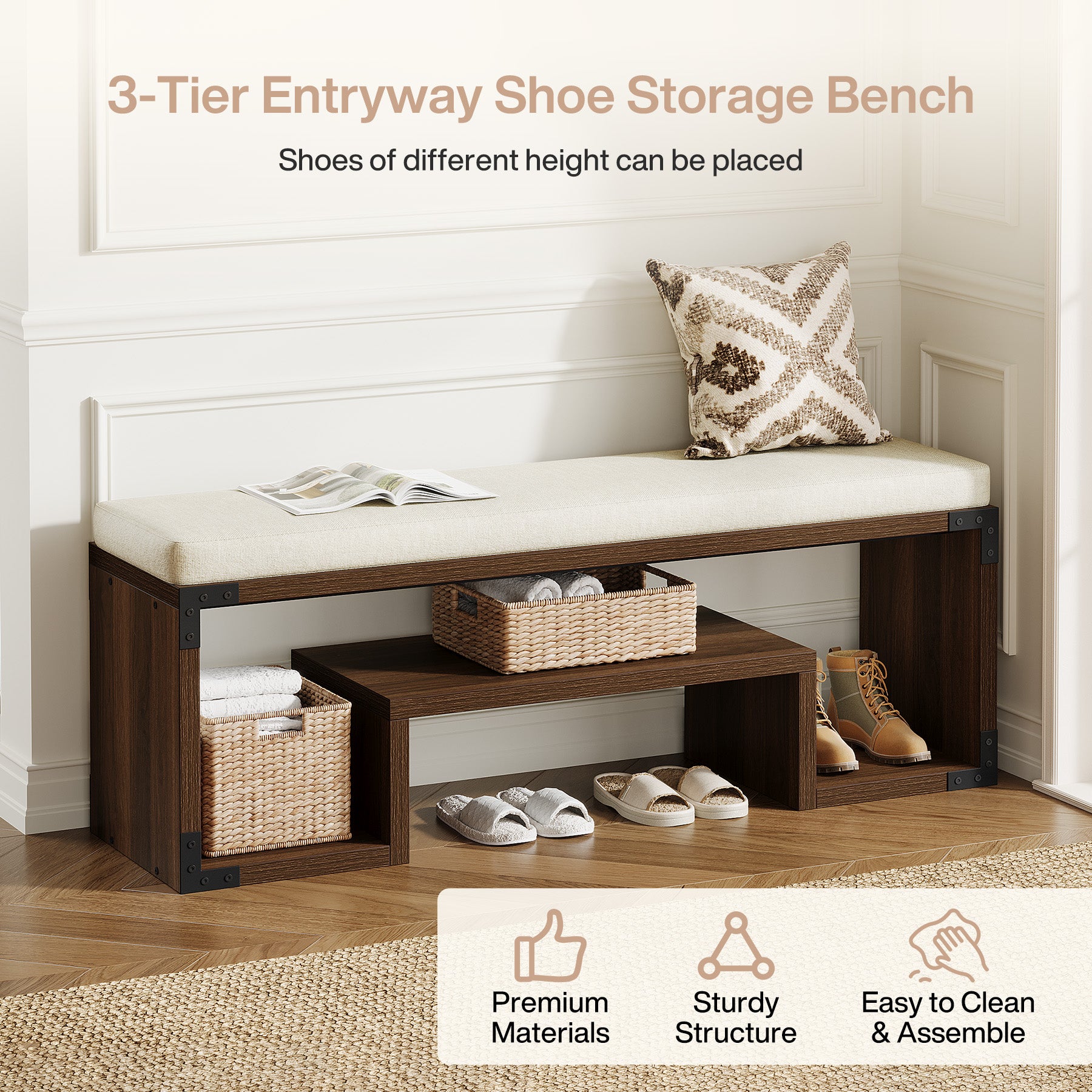 47" Shoe Bench, Entryway Bench with Cushion and Storage Shelf