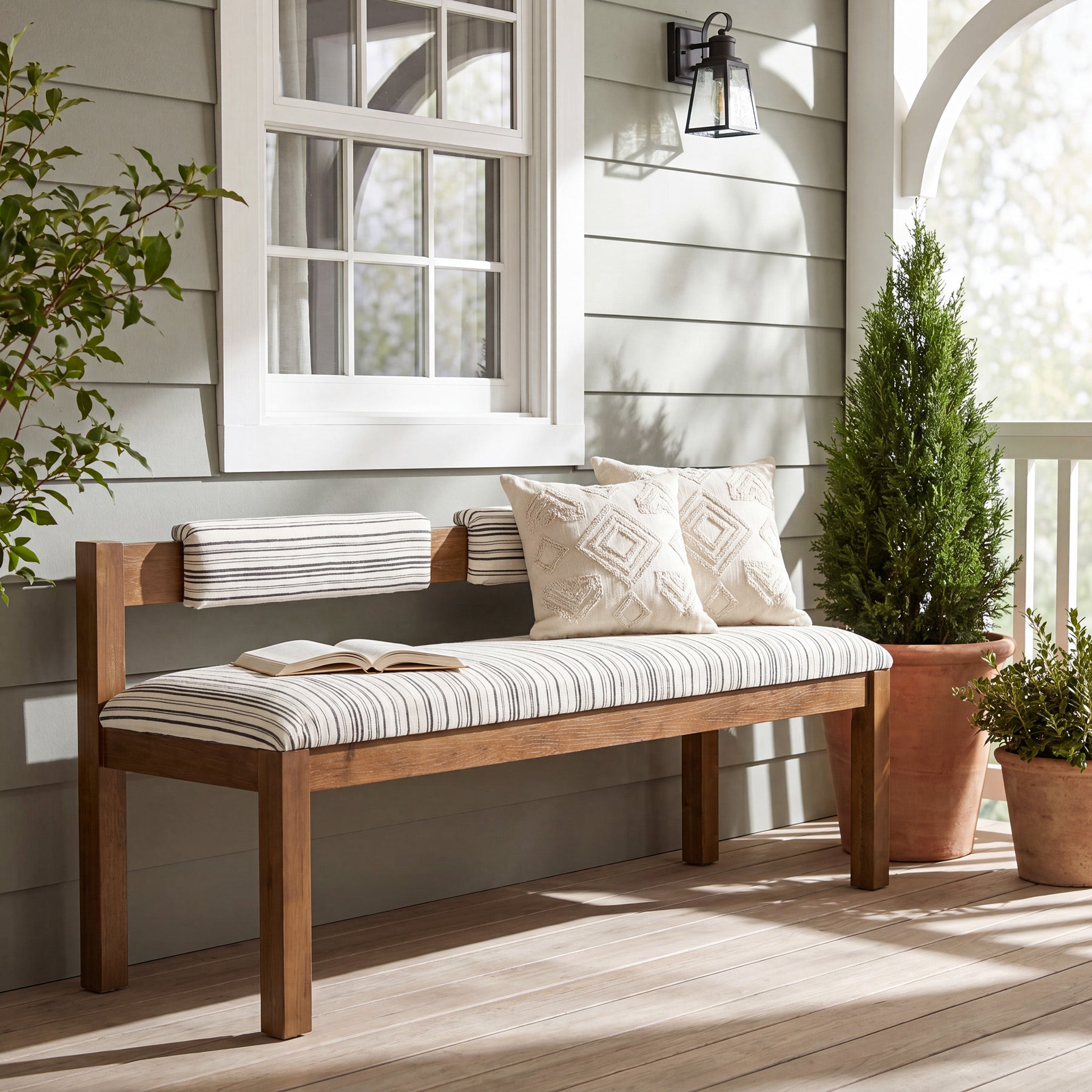 Wood Dining Bench, 55" Upholstered Kitchen Bench with Backrest & Chenille Cushion