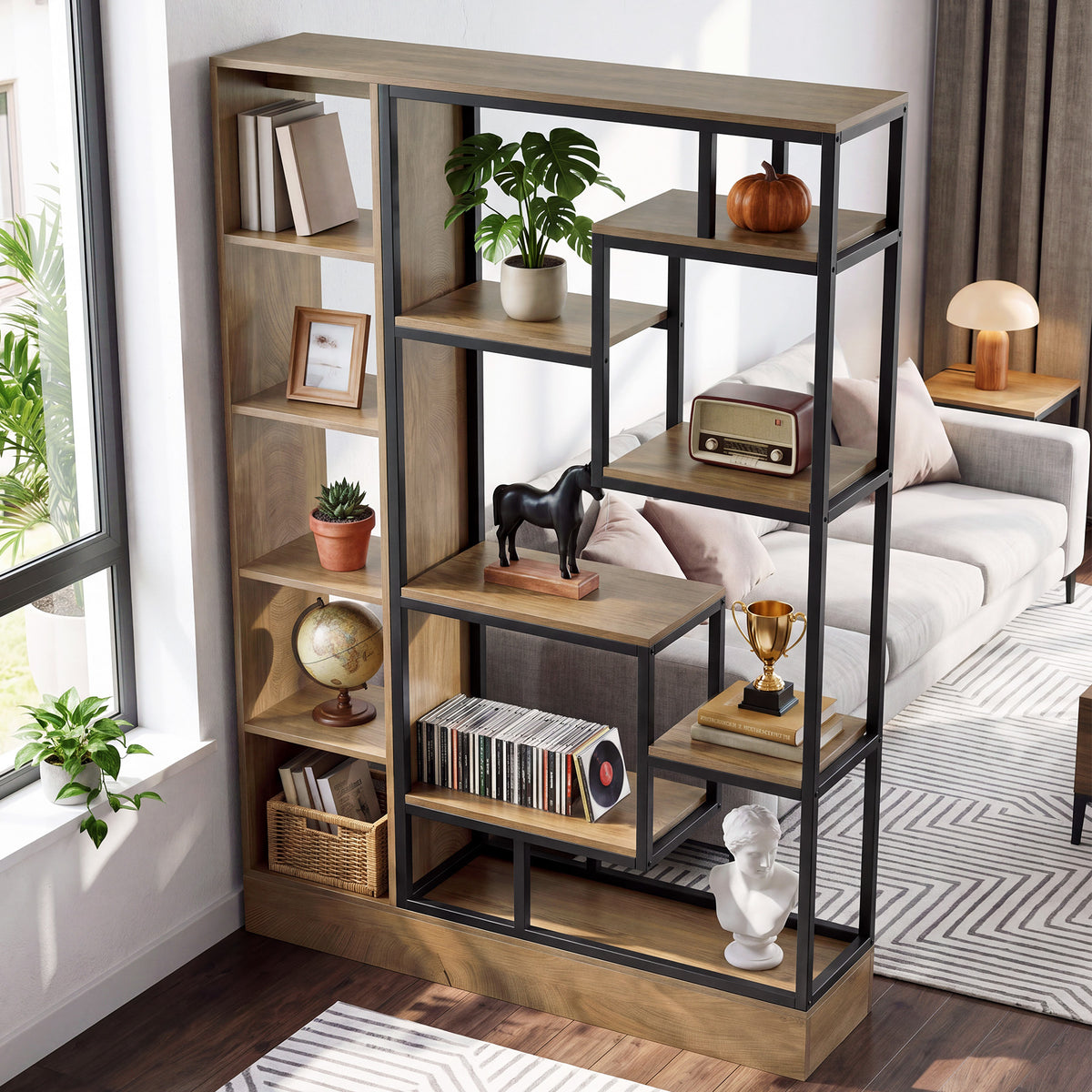 70.9" Wall Room Divider, Industrial Privacy Screen Partition with Open Shelves & Metal Frame