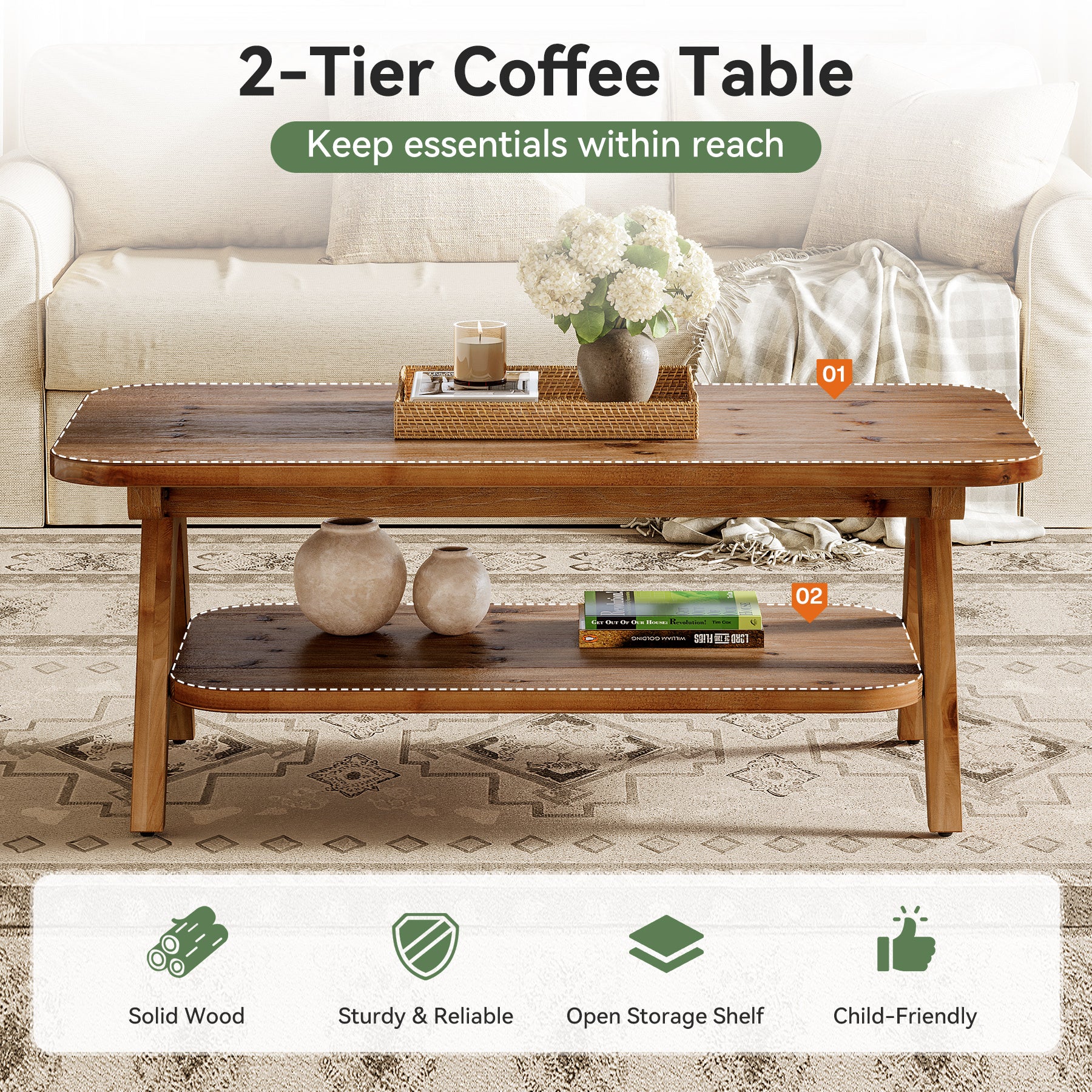 47" Coffee Table, Solid Wood 2-Tier Center Table with Storage Shelf