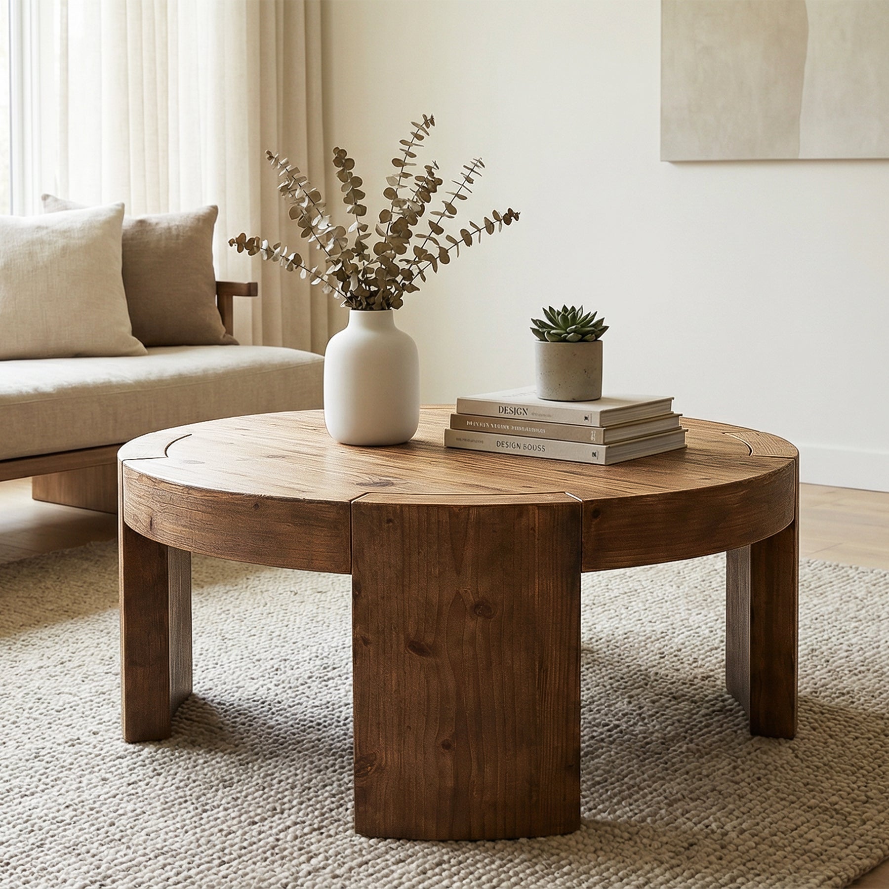 31.5" Round Coffee Table, Solid Wood Farmhouse Center Cocktail Tea Table for Living Room