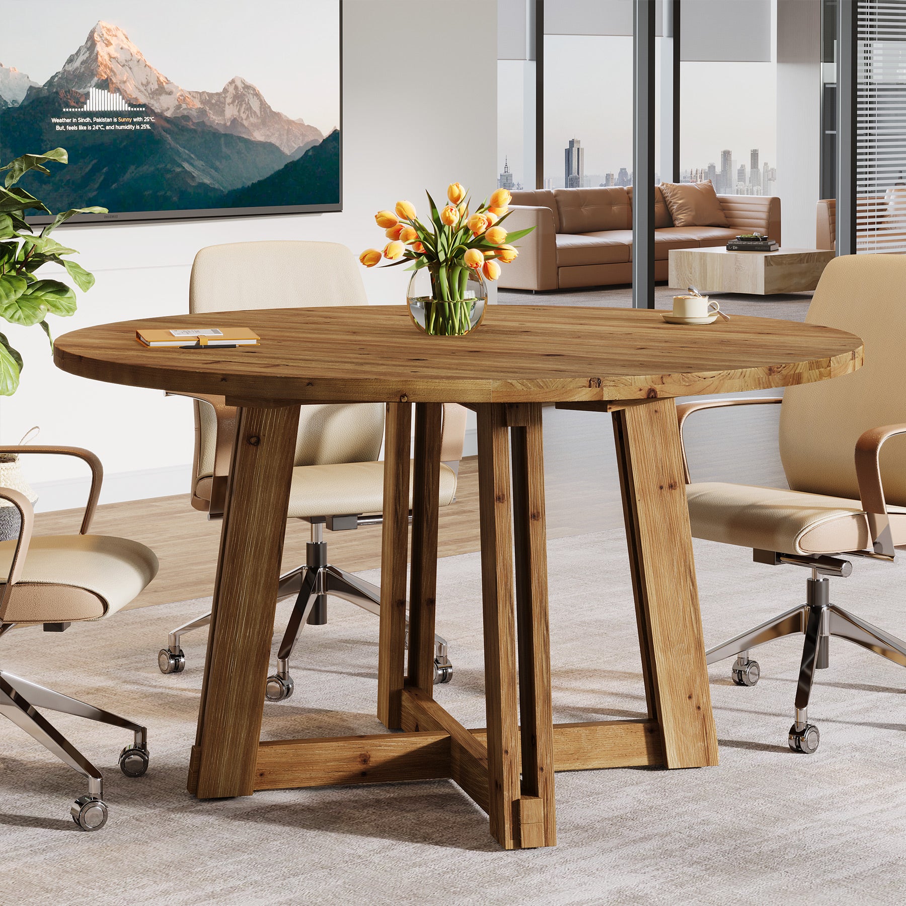 47" Wood Conference Table, Round Meeting Table with Thickened Tabletop