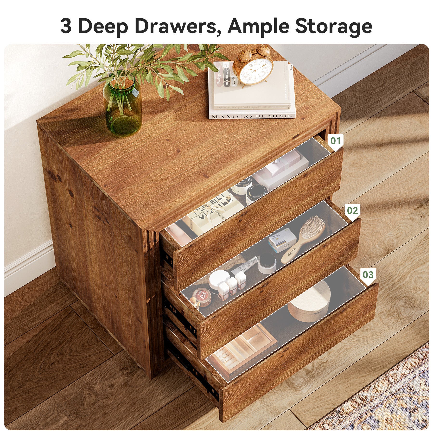 Solid Wood Farmhouse Nightstand, 3-Drawer 23.62"  Bedside Table with Storage