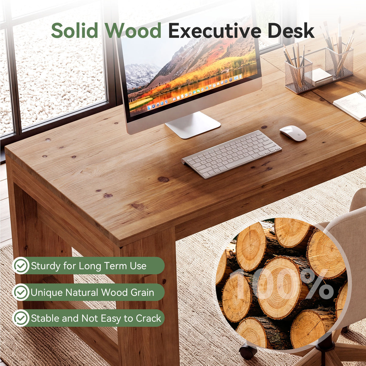Solid Wood 2 Person Desk, 78.7" Office Computer Desk with Chunky Wood Legs