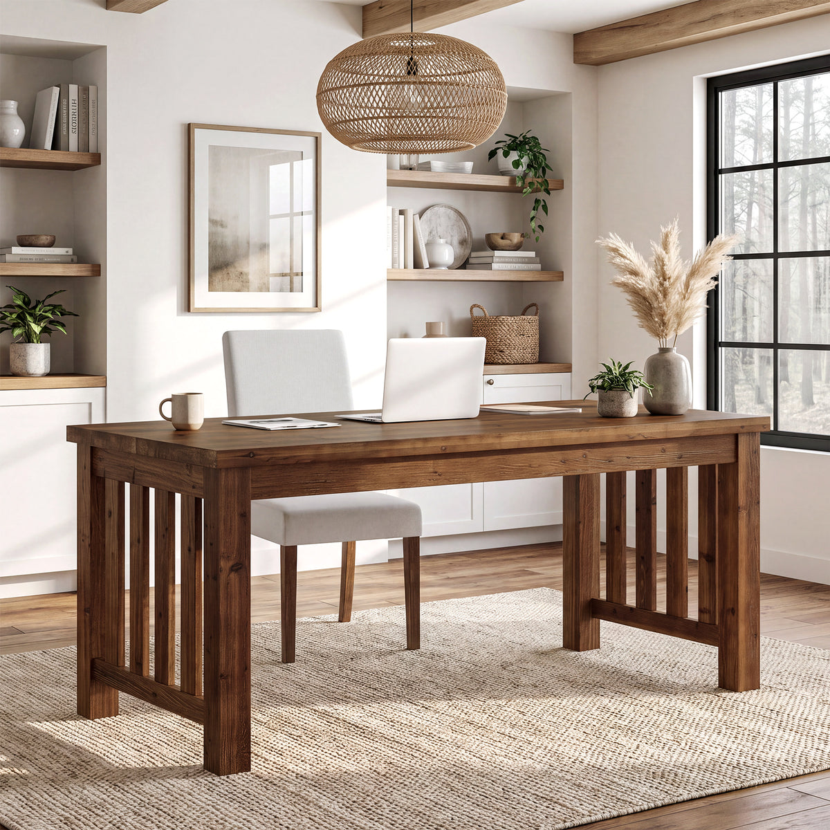 63" Solid Wood Computer Desk, Sturdy Farmhouse Home Office Writing Table