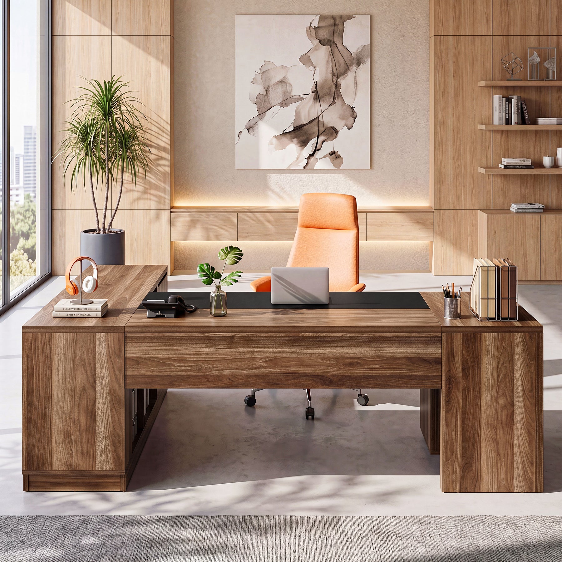78.7" L-Shaped Executive Desk, Large Office Desk with Mobile Filing Cabinet